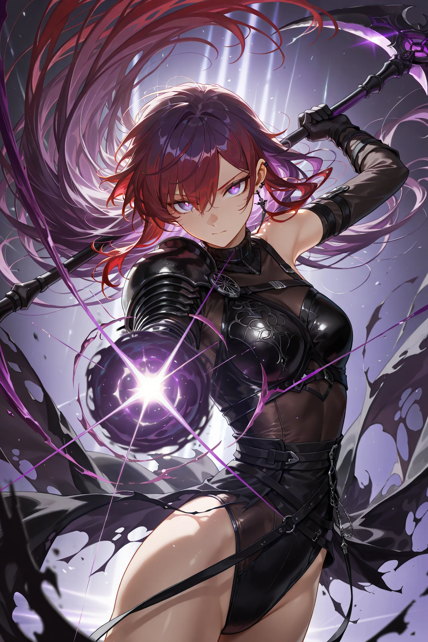 style of [arknights|(748cmstyle:0.5)], god rays, cinematic shot, mature, young adult, masterpiece, best quality, amazing quality, very aesthetic, high resolution, ultra-detailed, absurdres,
1girl, woman, solo, alone,(dynamic pose, side eye, looking at viewer, upper body focus, action shot, dutch angle, three quarter view, close up, cowboy shot:1.2), seeledef, purple eyes, two tone hair, very long hair, multicoloured hair, red hair, purple hair, piercing eyes, enraged eyes, tsurime, wielding a heavy scythe, void magic, liquid void, asymmetrical clothes, one shoulder armor, pauldron, torn cape, leotard, interdimensional warp, warping, quantum, novuschroma79 style, glitch art photo
BREAK, depth of field, volumetric lighting
 