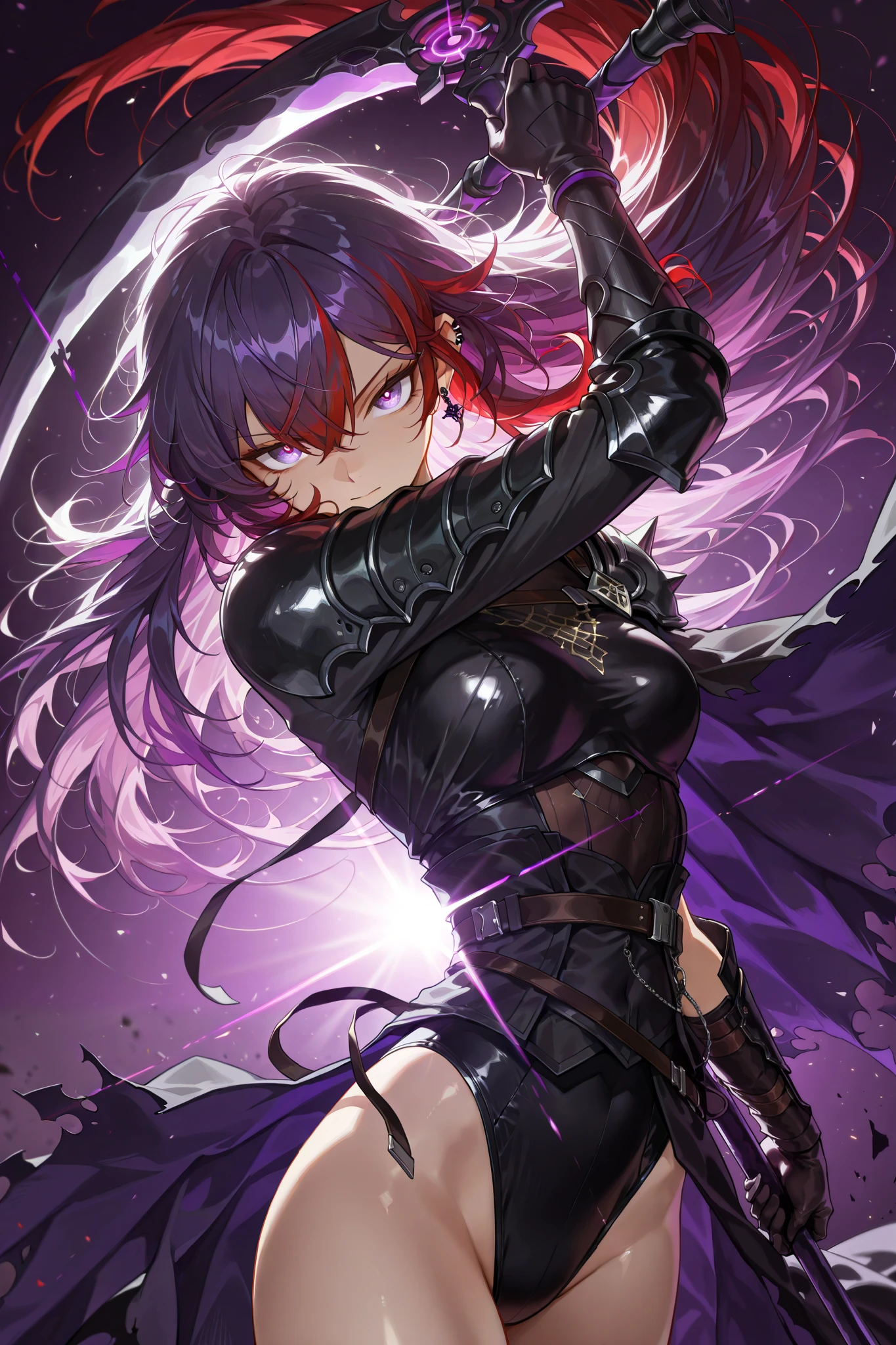 style of [arknights|(748cmstyle:0.5)], god rays, cinematic shot, mature, young adult, masterpiece, best quality, amazing quality, very aesthetic, high resolution, ultra-detailed, absurdres,
1girl, woman, solo, alone,(dynamic pose, side eye, looking at viewer, upper body focus, action shot, dutch angle, three quarter view, close up, cowboy shot:1.2), seeledef, purple eyes, two tone hair, very long hair, multicoloured hair, red hair, purple hair, piercing eyes, enraged eyes, tsurime, wielding a heavy scythe, void magic, liquid void, asymmetrical clothes, one shoulder armor, pauldron, torn cape, leotard, interdimensional warp, warping, quantum, novuschroma79 style, glitch art photo
BREAK, depth of field, volumetric lighting
 