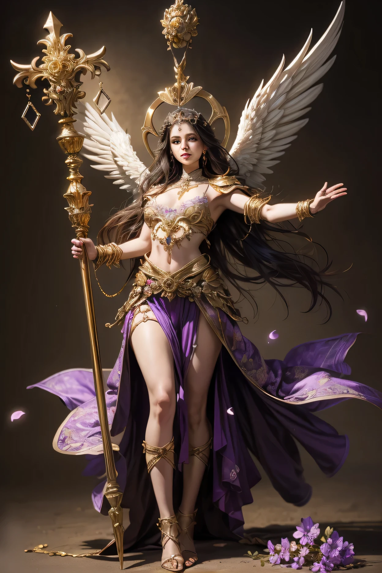 Angel of Justice and Transformation,  with no definite gender , dark hair, you must have your arms raised extended upwards, arm with a long cross-shaped staff . you must wear a tunic consisting of large violet flower petals and on the chest a beautiful jewel of gold and amethyst crystal . The image must be naturalistic style, replace legs and feet with a giant pendular flower