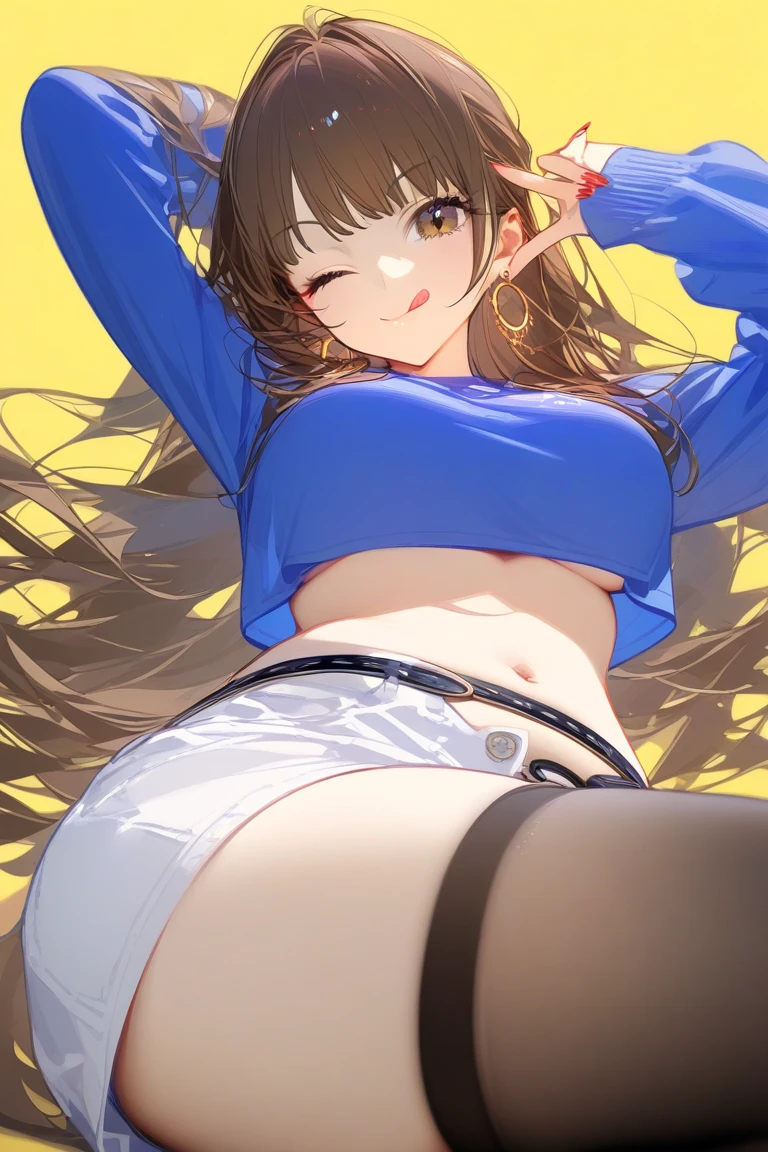 ((Tabletop, highest quality, High resolution, , Pixel Perfect, 4K, ))), Beautiful woman,, alone, beauty、The whole body is visible、 (((Sexy Witch Cosplay), Long dark blonde wavy hair、Off-the-shoulder jacket, Dark blue flared skirt、、Mid-wave hair, bangs, Brown Hair)), ((Brown eyes, Beautiful eyelashes, Realistic eyes)), ((Detailed face, Blushing:1.2)), ((Smooth texture:0.75, Realistic texture:0.65, Realistic:1.1, Anime CG Style)), Center of chest, Dynamic Angle, Perfect body, ((,)), 、、Very embarrassing panic smile, 、Beautiful sea coast、Sleep on the beach、(The wind flipped up her skirt, Showing cleavage、、、、Show your ass、Pink floral lace panties、)、Angle from below