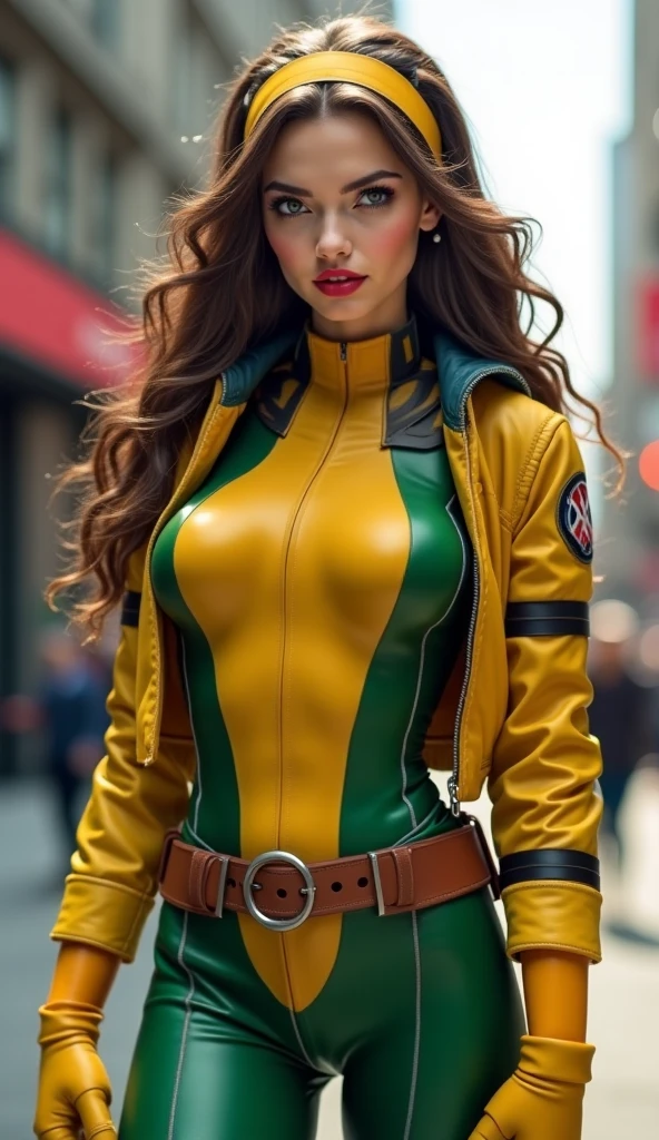 AidraFoxQuiron, big tits, corpo voluptuoso, long hair, multicolored hair, two-tone hair, dyed bangs, white hair, red hair, makeup, lipstick, headband, belt, bodysuit, sleeves rolled up, leather jacket, brown jacket, multicolored bodysuit, green bodysuit, yellow bodysuit, no meio de um quarto
