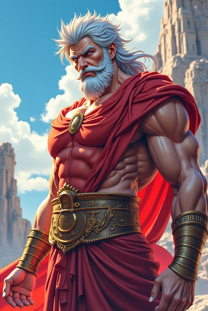 ((best quality)), ((masterpiece)), (detailed), Muscular old man stands imposing in an ancient lost city. Chiseled perfect body, insanely handsome and masculine face. long white hair, chiseled jawline, extremely hairy body, Sunlight highlights his hairy muscles and scars. The scenery lush and mysterious, with ruins and vegetation. The camera details everything. Scantily clad masculine male, large muscular pecs, huge chest, well groomed moustache, bushy grey eyebrows, thick pronounced grey beard, absurdly huge nose, hawk nose, concave nose, nose with pronounced bridge and outward curve that protrudes from the base of the nose, (full body), huge bulge, big underwear bulge