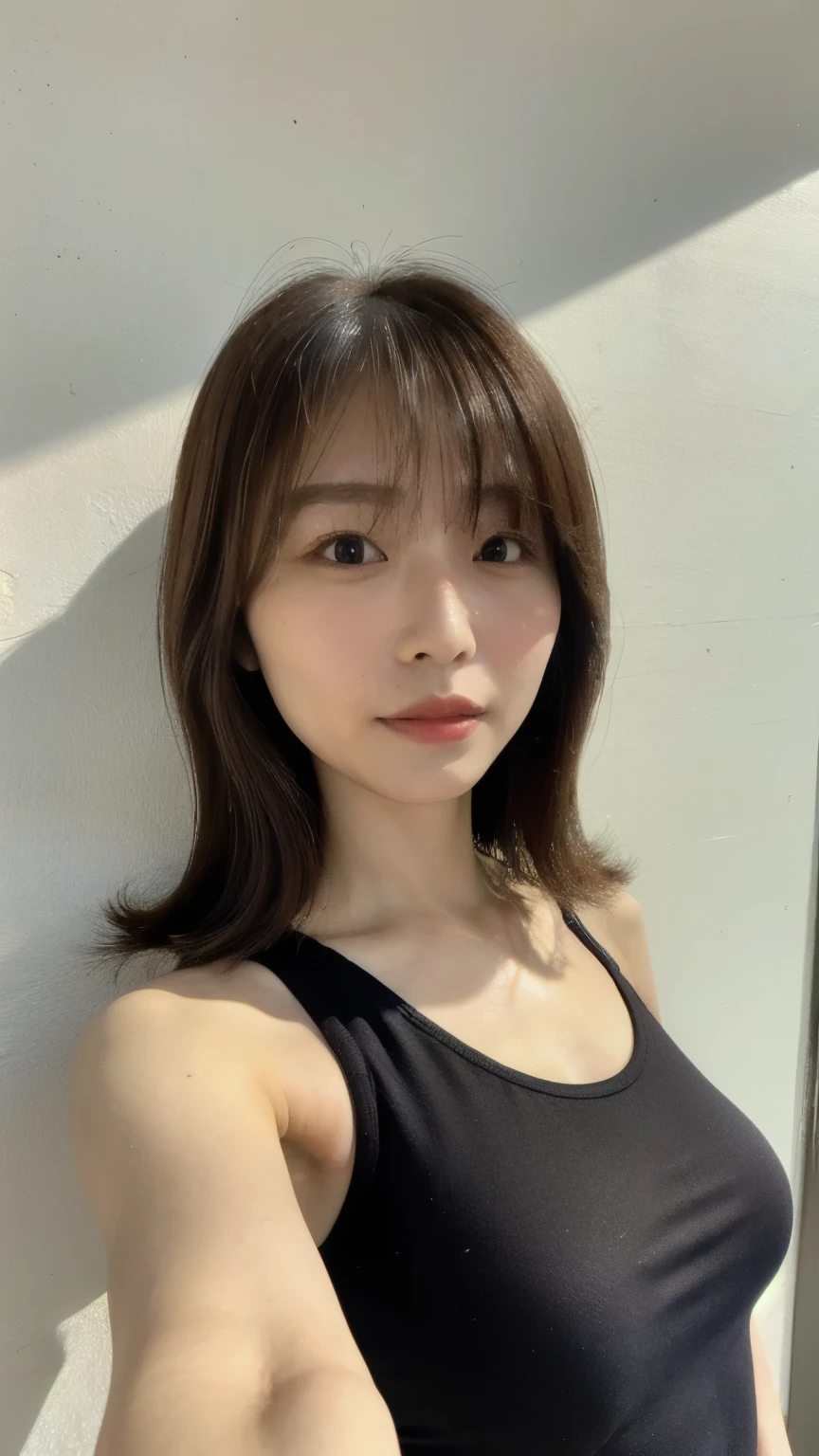 flat lighting, sharp focus, portrait, solo, captured with a iPhone15, 20 years old korean woman, perfect body,((upper body)),(((selfie pose))), gym, t-shirt, leggings, happy,(8k, RAW photo, best quality, masterpiece:1.2),(realistic, photo-realistic:1.4),(extremely detailed 8k wallpaper),