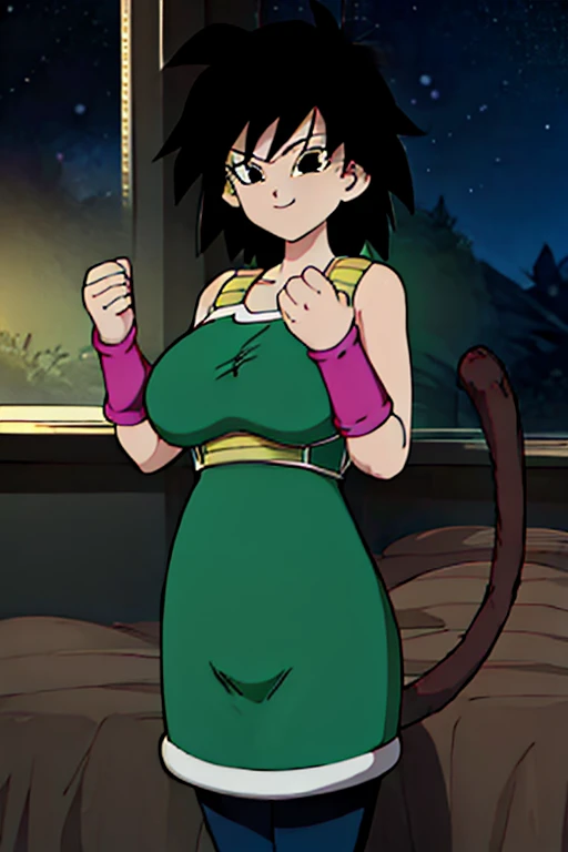 dragon ball super、very cute girl、female saiyan、big breasts、perfect style、black hair、black long hair、tail、