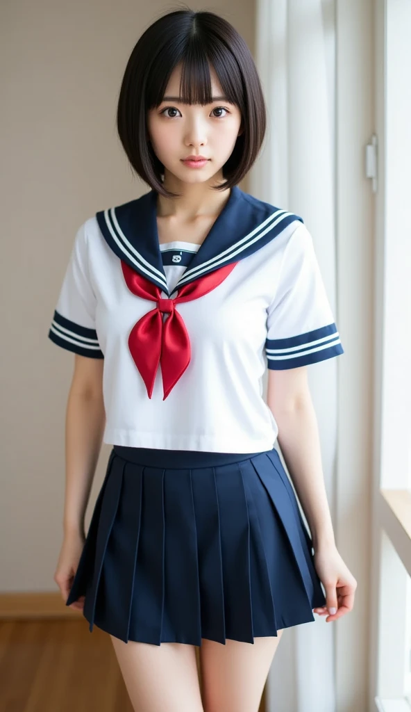 half-sleeved,　(masterpiece, highest quality:1.2), 8K, official art, RAW photo, incredibly absurd, (whole body, sailor suit:1.4), beautiful girl, 18-year-old、cute face, arch back, (navy pleated skirt:1.1), open,, , short sleeve, gardenia, violaces, 、sit on a chair、looking at the viewer, film grain, chromatic aberration, sharp focus, face light, dynamic lighting, cinematic lighting, detailed eyes and face, background bokeh, (1 dark red bow tie:1.2)、、one girl、blush、look at the viewer、(huge breasts:1.2)、wet hair、shiny hair、wet face、wet skin、wet body、wet costume、、、Depth of bounds written、pointed red mouth、red mouth,clavicle、beautiful fingers、、cute wet face、Wet clothes that stick to your chest、Wet and see-through clothes、short hairstyle、view from below,
