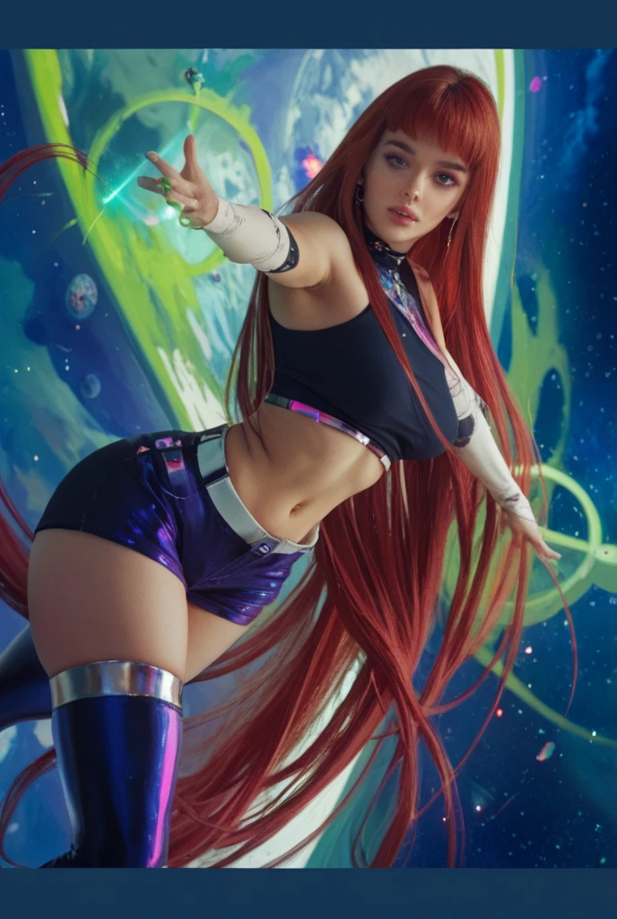 Gorgeous girl wearing multicolored led lit long shirt and led lit trousers, multi colored hair, very long hair, posing to a camera, detailed eyes, detailed face, detailed hands, seductive smile, curvy body