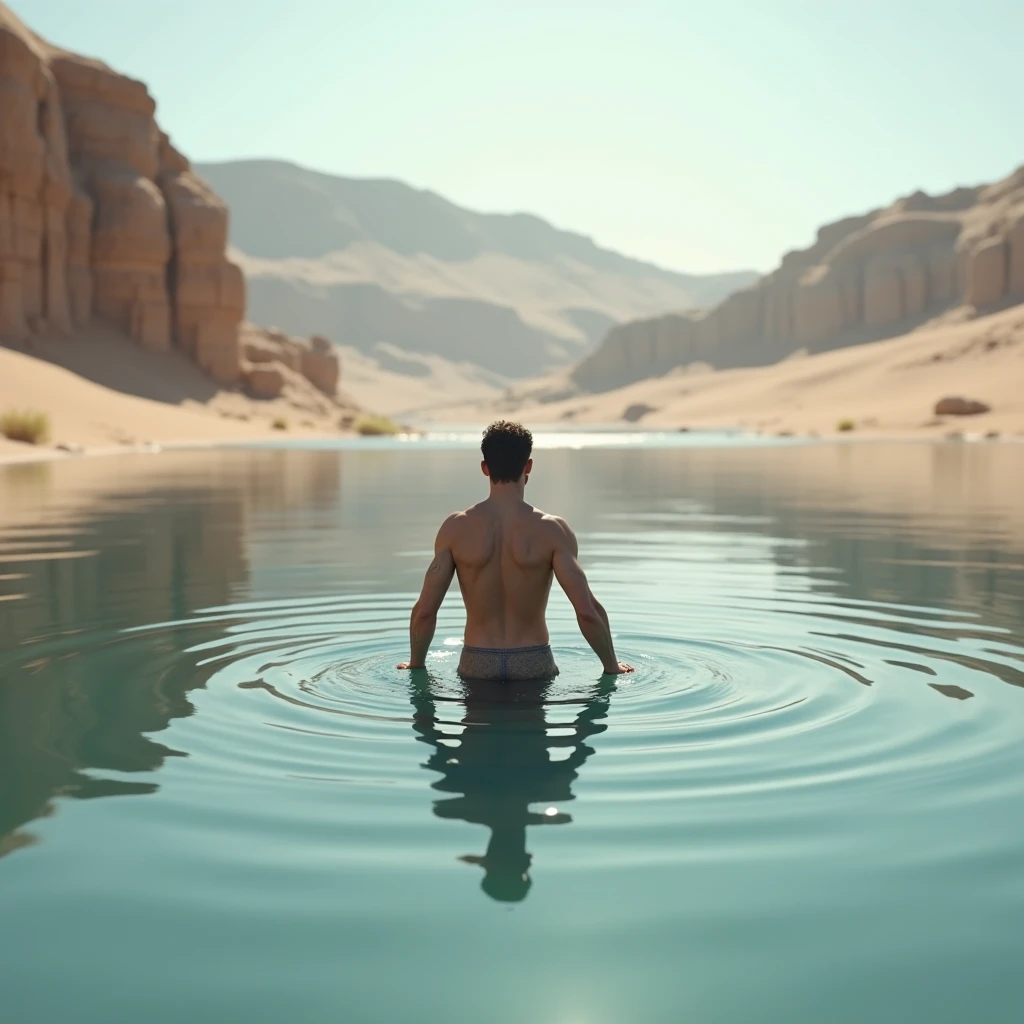 a man swimming in the desert, (swimming), (sand blowing like waves), (landscape photography), (realistic, photorealistic:1.37), (best quality,4k,8k,highres,masterpiece:1.2), ultra-detailed, (sony a7iii, 35mm lens), anatomically correct, impressionism, short hair, medium shot