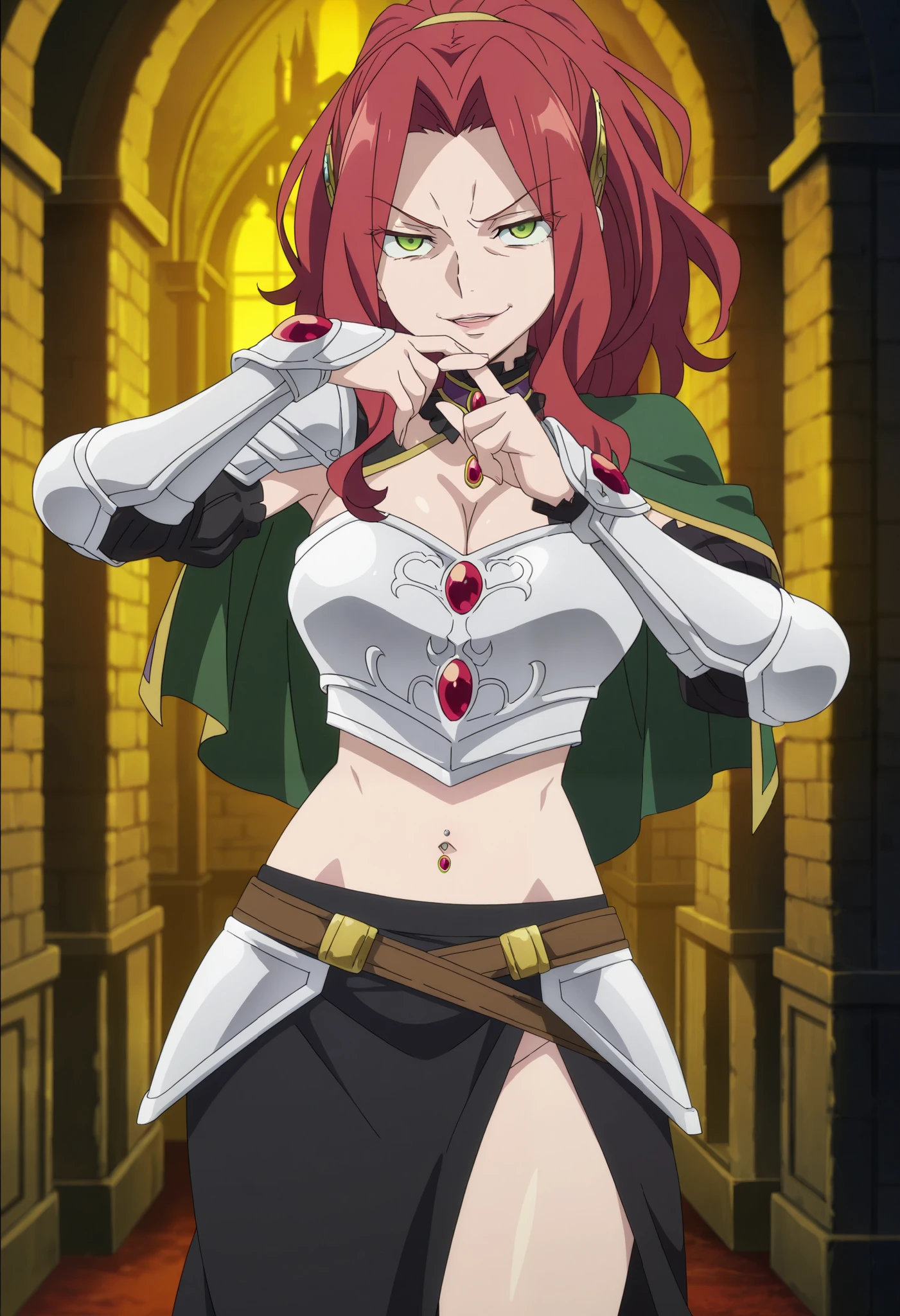 perfect composition, mature female, solo, anime screencap, anime coloring, very aesthetic, absurdres, zPDXL, 51t3h, 1girl, green eyes, long hair, ponytail, red hair, gold hairband, jewel_collar, female focus, looking at viewer, evil smile, defined lips, thinking pose, finger on lip, standing,
capelet, chest cutout, jewel_choker, silver armor, asymmetrical skirt, black skirt, masterpiece, best quality, highly detailed, fantasy , a girls in armored dress holding a sword posing for
a picture, evil smile, smile, open mouth, breastplate with open cleavage, cleavage, warrior outfit,
(nsfw) not safe for work, , official artwork, visual novel cg,, loincloth, exposed belly, exposed navel,
exposed midriff, exposed lower belly, pencil skirt armored, castle,inside castle, navel piercing
