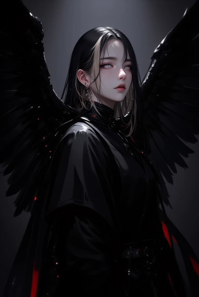 painting of a woman with angel wings and a blindfold, neoartcore and charlie bowater, with a red halo over her head, angel with black wings, beeple and jeremiah ketner, wearing angel halo, angel girl, artwork in the style of guweiz, angelic and unsettling, angelic halo, valentina remenar, tron angel, angel halo