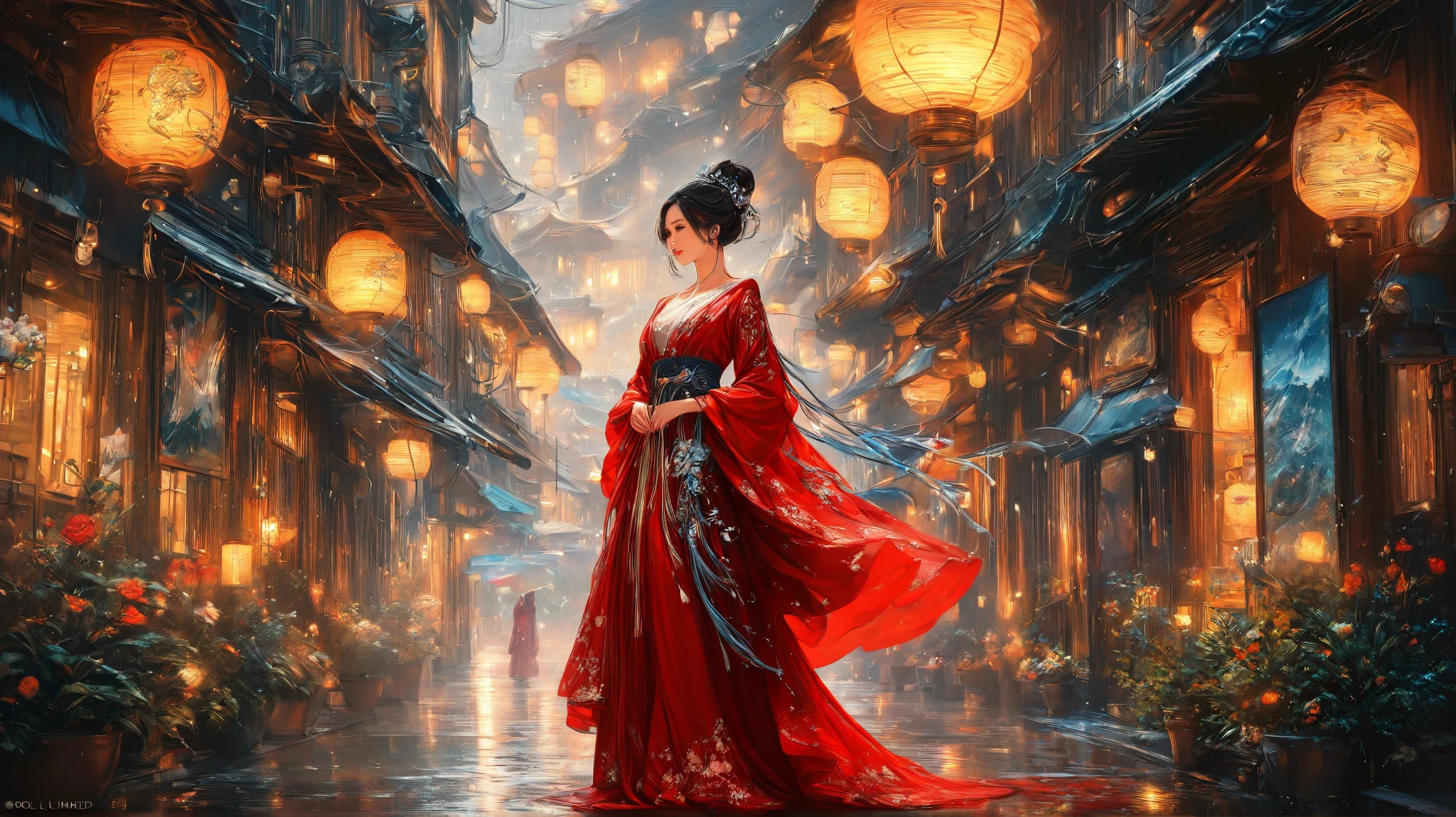 painting of a woman in a red dress in a rainning day, beautiful stunning digital art , karol bak uhd, Bela arte UHD 4K, beautiful digital artwork, beautiful digital art, stunning digital art , very beautiful digital art, exquisite digital illustration, a beautiful art illustration, detailed painting 4K, stunning digital art , beautiful fantasy art, beautiful digital illustration , The image depicts a scene of the close up of a person in rainning day at night in a old street, there are old lamps iluminating the scene and the girl is all wet but happy The person's long black hair and the drops of water are visible, they reflecting the lamp lights. she is wearing a flowing, and long dress, embellished with floral designs .