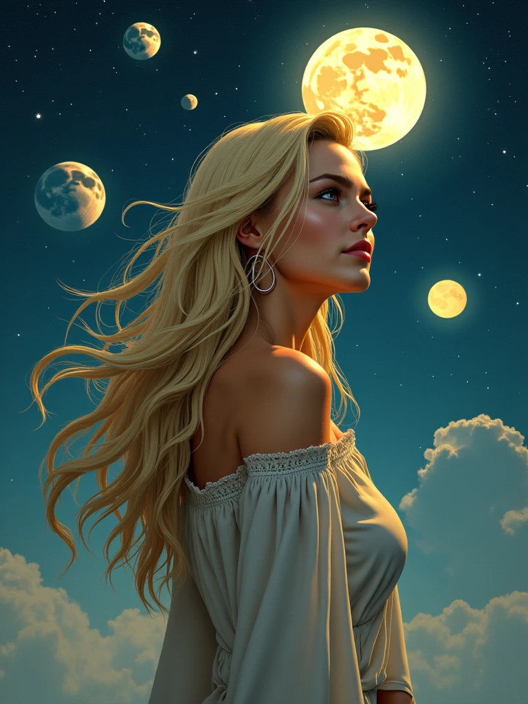 a beautiful 20 year old blonde nude woman with big messy hair, laying on a fluffy cloud, floating gracefully over a small city, cityscape, twinkling stars and glowing moon at night, cute detailed digital art, colorfull digital fantasy art, digital fantasy art ), glossy digital painting, rossdraws pastel vibrant, rossdraws 2. 5, rossdraws 1. 0