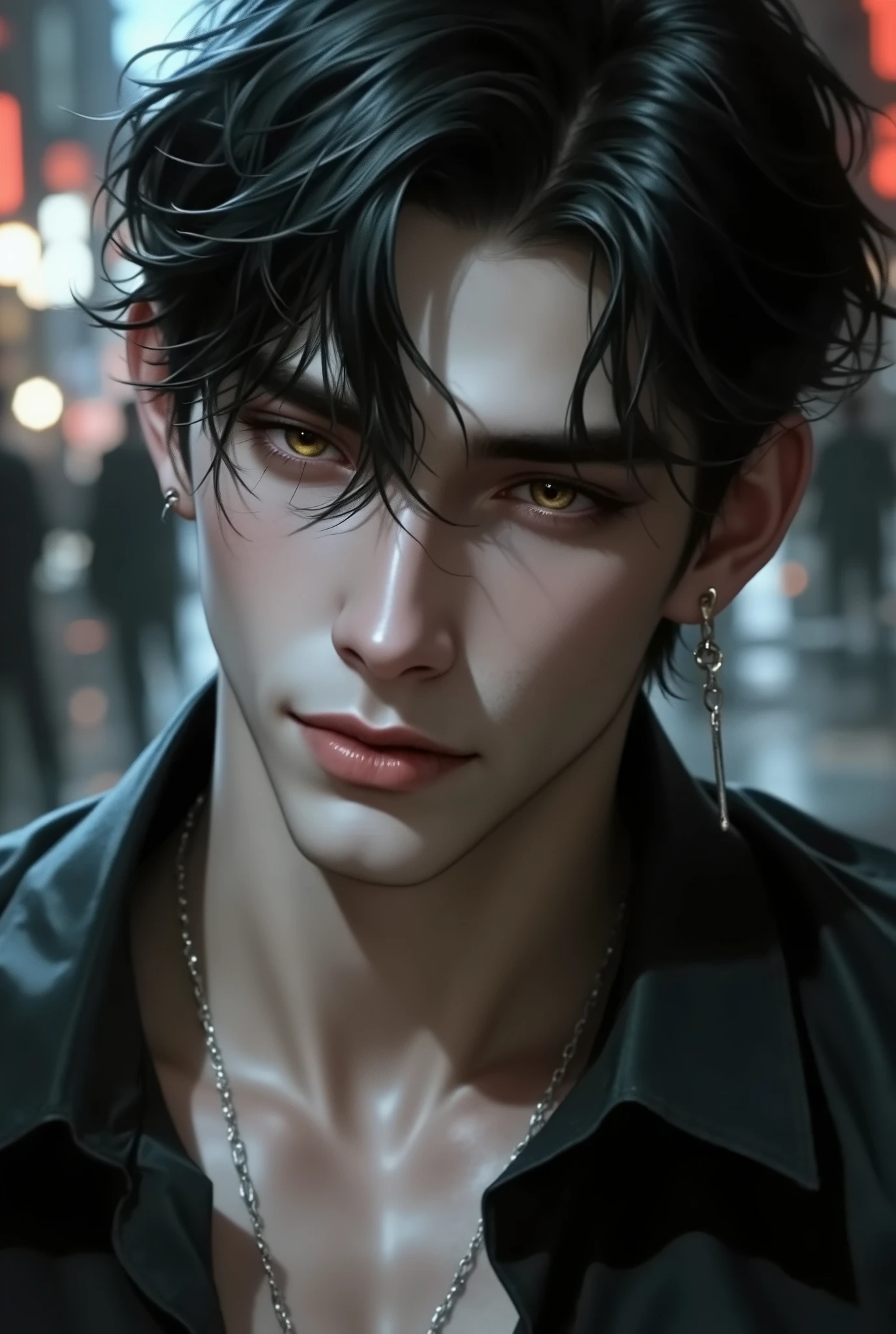 ( top quality, masterpiece, 8k, realistic, cinematic lighting , 1:4 HDR images, side ponytail , Beautiful image at the center of the screen ), mature 남자, 29 years old, very handsome , Short black hair , yellow eyes, perfect face , flawless ,shirt, Tattoo,mature
