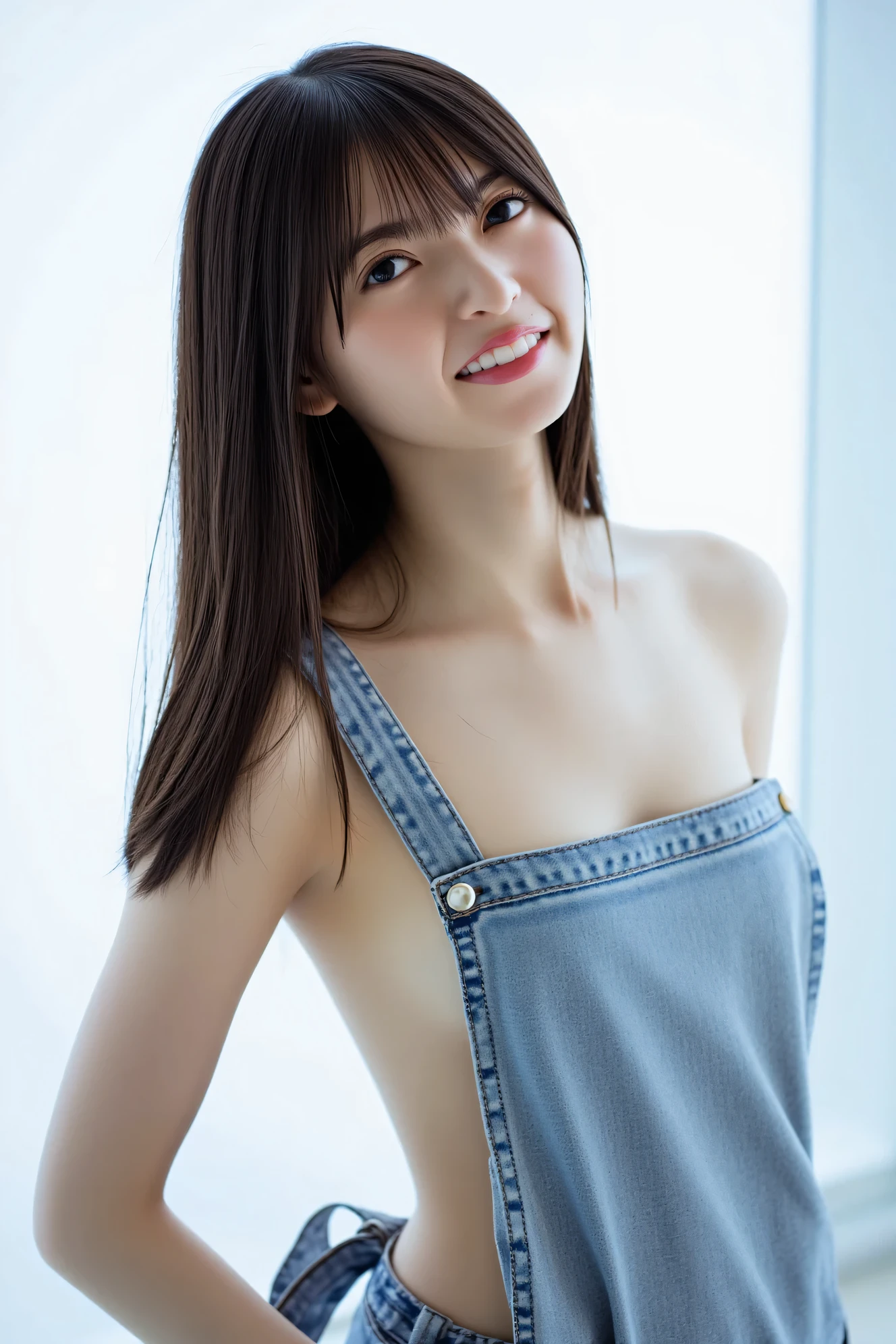 ((( High Resolution , top quality, very well detailed, masterpiece , highly detailed photos , realistic , Real people , Ultra precise skin ))) , ( from the side ) , full body , Advance Shot , Viewer , ( smile face ) , { Naked apron( She's wearing the apron on the upper body that is not wearing clothes ) , but she's wearing the denim at lower body }, { full frontal : 1.8 } , the dark hours of dawn , (( tuck hair behind the ear : 1.8)) , { nsfw },