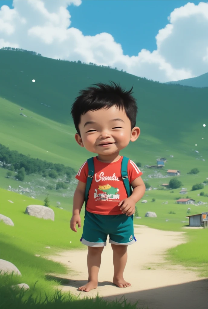 cartoon boy with backpack and backpack standing in front of white background, kid, 3d character, 3 d character, maxwell render, , animation character, walking boy, 3 d character render, young boy, cute boy, detailed face of a asian boy, cartoon character, in cartoon style, toon rendering, 3d model of a japanese mascot