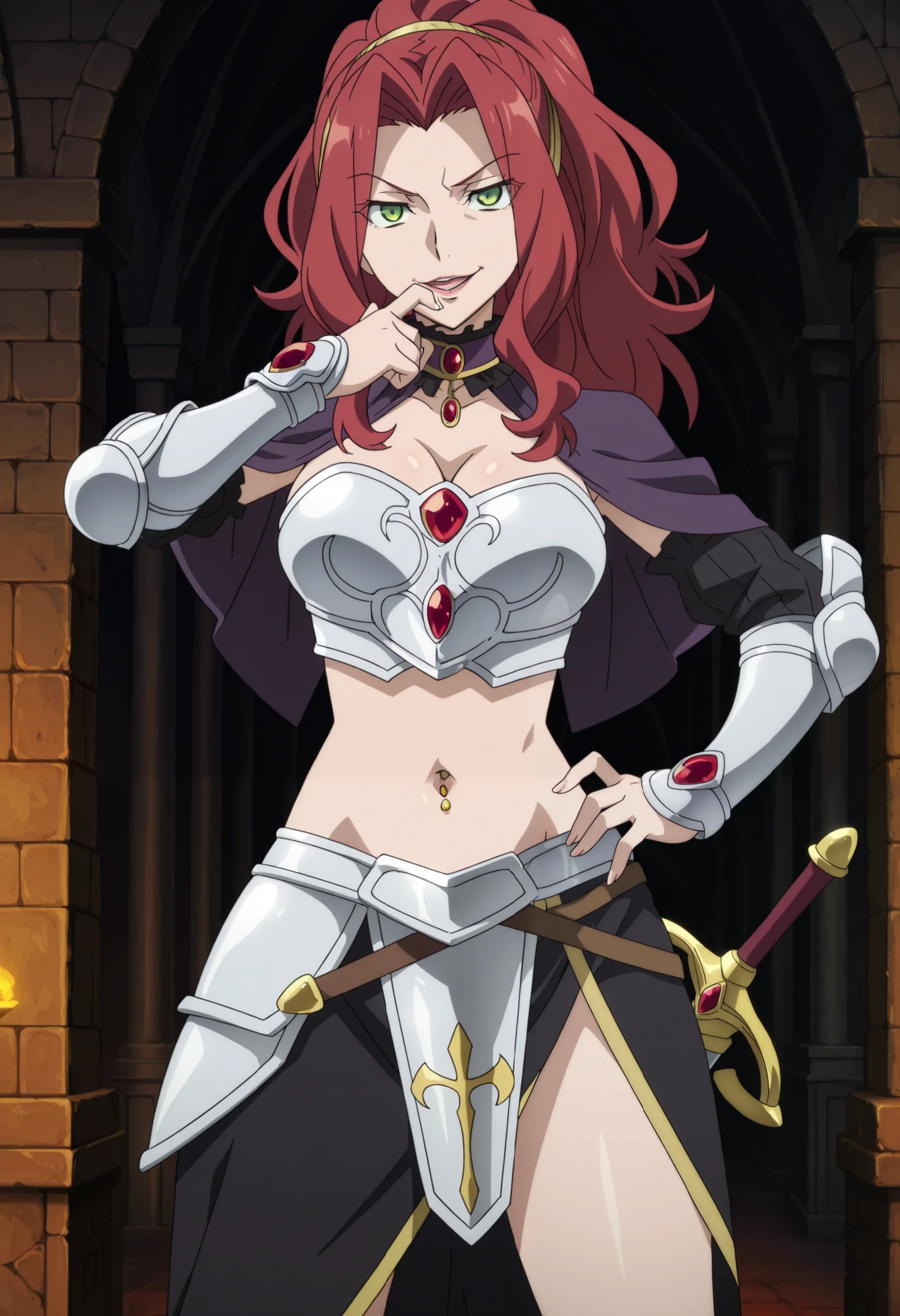 perfect composition, mature female, solo, anime screencap, anime coloring, very aesthetic, absurdres, zPDXL, 51t3h, 1girl, green eyes, long hair, ponytail, red hair, gold hairband, jewel_collar, female focus, looking at viewer, evil smile, defined lips, thinking pose, finger on lip, standing, 
capelet, chest cutout, jewel_choker, silver armor, asymmetrical skirt, black skirt, masterpiece, best quality, highly detailed, fantasy , a girls in armored dress holding a sword posing for
a picture, evil smile, smile, open mouth, breastplate with open cleavage, cleavage, warrior outfit,
(nsfw) not safe for work, , official artwork, visual novel cg,, loincloth, exposed belly, exposed navel,
exposed midriff, exposed lower belly, pencil skirt armored, castle,inside castle, navel piercing