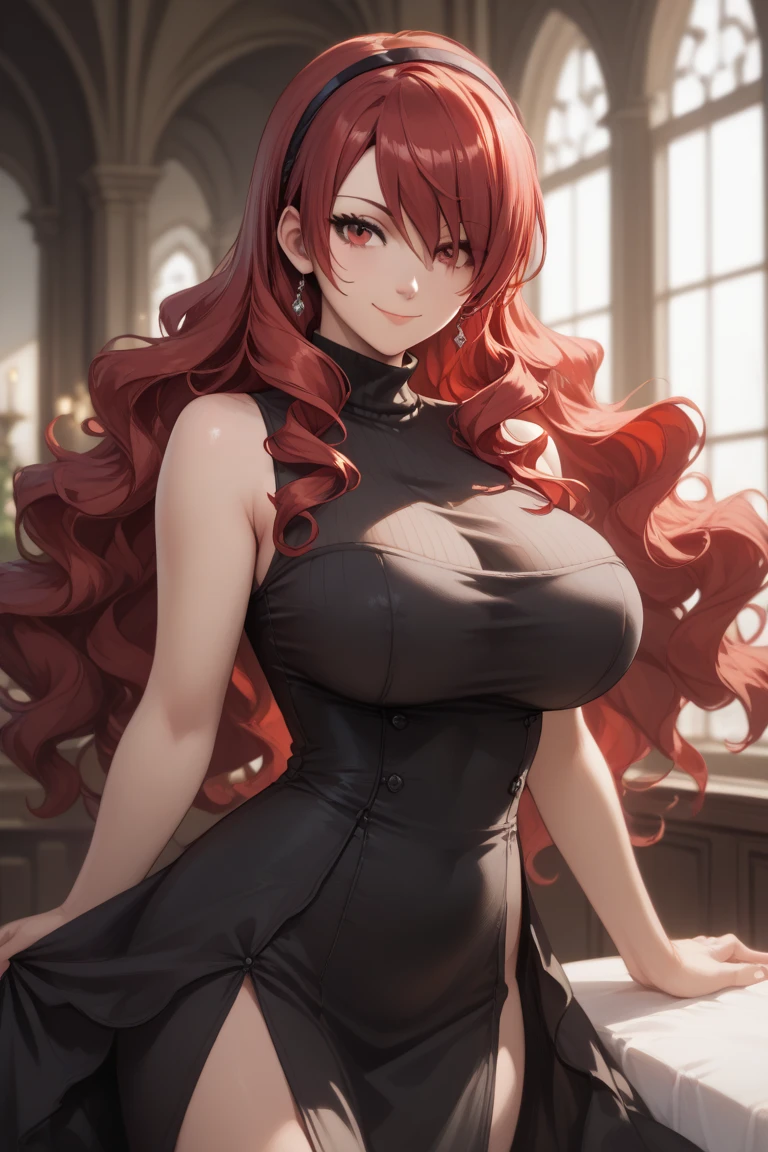 ((top-quality)), ((​masterpiece)), ((ultra-detailliert)), (extremely delicate and beautiful), voluptuous woman, sexy woman, dark tanned skin, red hair, wavy hair, long hair, wearing skin tight glossy black corset top, skin tight glossy black pants, dominant sexy expression, demon horns, golden eyes, sexy smile