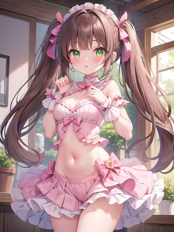 A beautiful girl in a pink dress sitting on a bed with rose petals, anime girl,masterpiece, longing, closeup cleavage, Big eyes, KawaTech, kawaii, Cute, Pastel colors, Best Quality, cheerfulness, Deep background, Symmetrical, Head Tilted, 1girl in, lightsmile, Shiny skin, Best Quality, masterpiece, (Game CG:1.4), NSFW, Detailed beautiful face and eyes, bottom shot, turned around, hight resolution, (high detailed face), ((((1girl in)))), ((( Solo ))), delicate and pretty, Perfect face, Beautiful detailed eyes, ((Smile)), earrings, smile, blush, pupils sparkling, Fair skin, Real Human Skin, ((((20 years old )))), (big round breasts)), Baby face,dark brown hair, pink gradient bangs, long bangs, long hair, (((Ponytail))), wavy hair, swept bangs, shiny hair, hairclip, ribbon, hair flower, gymnastic suit, masterpiece, super fine illustration, best quality, light particles, ultra-detailed, 8K wallpaper, (bright colors:1.2), solo, ((a girl)), big breasts, (brown hair), shiny skin, (wearing pale pink and white horizontal striped dress, short sleeve), (frilled miniskirt), (white legwear), ((horizontal striped panty)), (beautiful green eyes, shiny eyes, big eyes), affectionate smile, seductive smile, closed mouth, shadowblush cheeks, (naughty room),, panorama, Wide-Angle, f/1.8, 85mm, Nikon, 8k, super detail, UHD, retina, masterpiece, accurate, anatomically correct, textured skin, high details, best quality, highres, pink bed), (pink pillows), (pink curtain), looking back, get d16(own all fours, nsfw, sunlight, high detail, anime, anime style, cinematic lighting, dithering, image fill, framed, pov, perspectivek