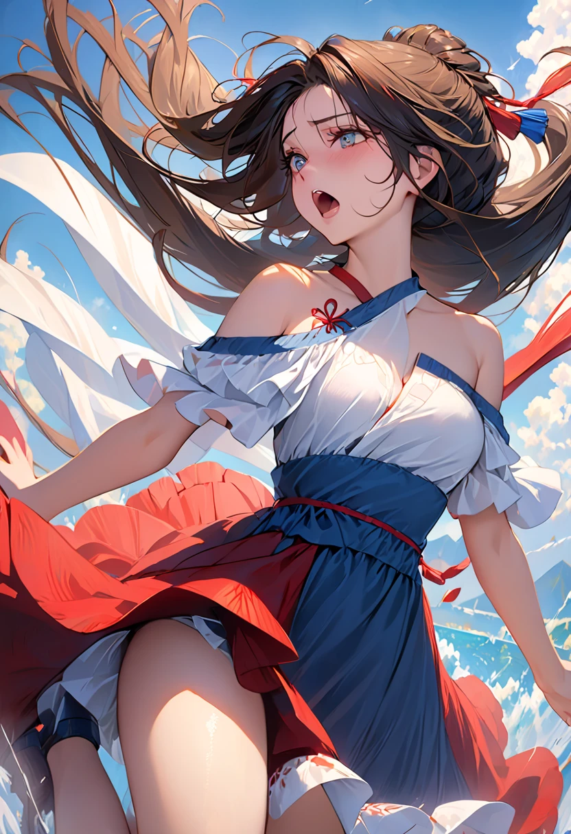 score_9, score_8_Excellent, score_7_Excellent, score_6_Excellent, score_5_Excellent, score_4_Excellent, break、quality\(8k,Highly detailed CG unit wallpaper, masterpiece,High resolution,top-quality,top-quality \),BREAK、One Girl、Cute Face、Baby Face、 Ennui look、Cowboy Shot、Highly detailed face and skin texture、Beautiful Eyes、Brown Hair、Hair in one、Grey Eyes、(((、 Talents、Immature body、Small breasts、Red cheeks and nose)))、Embarrassing、Blurred Background、blue sea、White sand beach、Cumulonimbus、