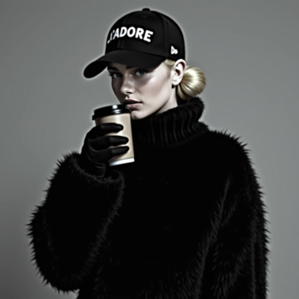 The woman is wearing an oversized black turtleneck sweater made of thick, fuzzy material. The long sleeves extend past her wrists, partially covering her hands.

She has on black gloves, adding an element of mystery and sophistication.

Her head is adorned with a black baseball cap with the word "J’ADORE" embroidered on the front in white letters. The cap’s brim casts a shadow over her eyes, enhancing the moody aesthetic.

Her blond hair is pulled back into a low bun, in a sleek manner 

She is holding a takeaway coffee cup with a black lid in one hand, bringing it close to her lips.

The background is a plain, muted gray, creating a minimalistic and neutral backdrop.

The lighting is soft and diffused, contributing to a moody, high-fashion atmosphere.

Her facial expression is calm and composed, with a hint of mystery due to the cap’s shadow over her face.

The overall aesthetic is minimal, modern, and fashion-forward, emphasizing monochrome tones and texture.