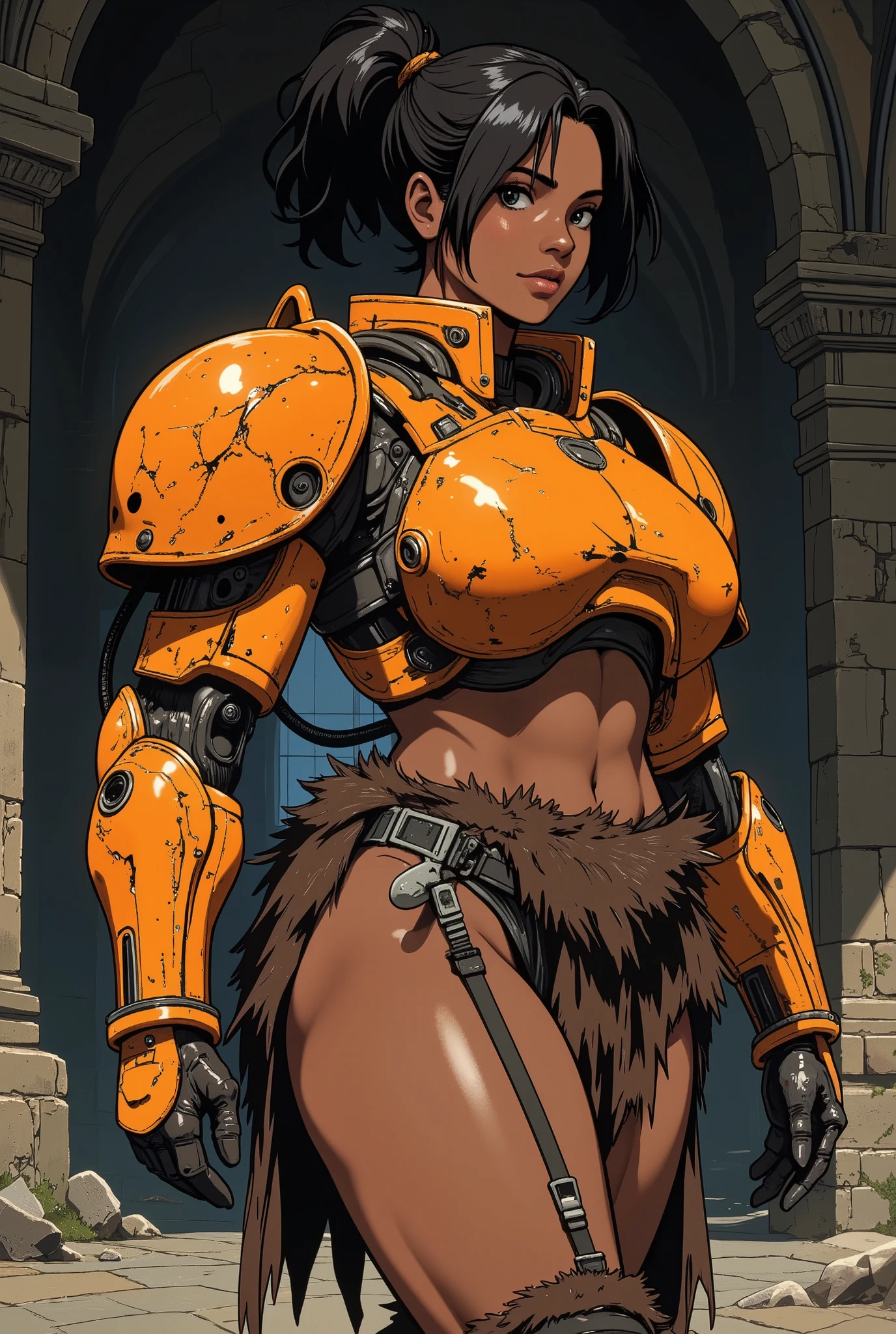 in an 80s anime style Illustrate An curvy black woman with short black dreadlocks pulled back into a pony tail, wide hips and thick thighs, she is very pretty with a youthful appearance. She wears heavy, orange mechanical power armor covering her chest and arms with large round shoulder pads, accented in fur and rags. The orange paint on the armor is chipped and scratched in various places. The chest plate is thick, covering her upper chest with a high collar and detailed with hoses and vents on the surface. The armor is intricately designed with visible wires, gears, and cables connecting the shoulder pads to the armored gloves, creating a striking contrast against the fur trim on her lower body. She wears a dark brown fur loincloth around her waist with bare hips, thick, powerful muscular thighs, and legs, blending primal and high-tech elements. Her well-toned abdomen and full, curvy figure emphasize her strength and presence. She wanders through a dungeon with stone walls, and vaulted ceilings. She is lit from the side, use volumetric lighting with deep shadows in the background