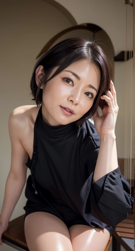 Highly detailed CG Unity 8k wallpaper, of the highest quality, masterpiece, (Realistic,Photorealistic,Photorealsitic:1.37)、(((Realistic skin texture、skin pores))),,Ultra-fine painting,Sharp Focus,Physically-based rendering,extreme detail description,Professional,Vibrant colors,sexy 、photographrealistic, Highly detailed beautiful woman, 40 year old,((asian mature woman:1.3)) (((vulgar、sexy、glossy skin)))、(((wet short hair)))、cleavage、((big breasts))、(((get sweaty))),big eyes、viewer, blush, (sexy Smile), (((Tall, healthy, athlete)))、Parted lips, (high-heel),((full body image))、(sweating skin),(sweating body),(wetting skin),(wetting body),(necklace、earrings)、((high nose, eyebrows)),(mature woman),(satin leotard:1.4),(satin),((all fours :1.3)),(oiled skin:1),((HOT :1.3)),((erect through :1.3))
