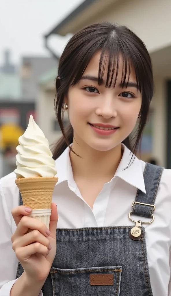 masutepiece、hight resolution、The Ice Cream Shop of the Future、Ice cream shop clerk、30-year-old girl、1Girl clerk、Looking at the camera、smil、Finish as shown in the photo、Soft-serve ice cream and beauty、the skin is white and beautiful、inner colored、Hair should be tied back、