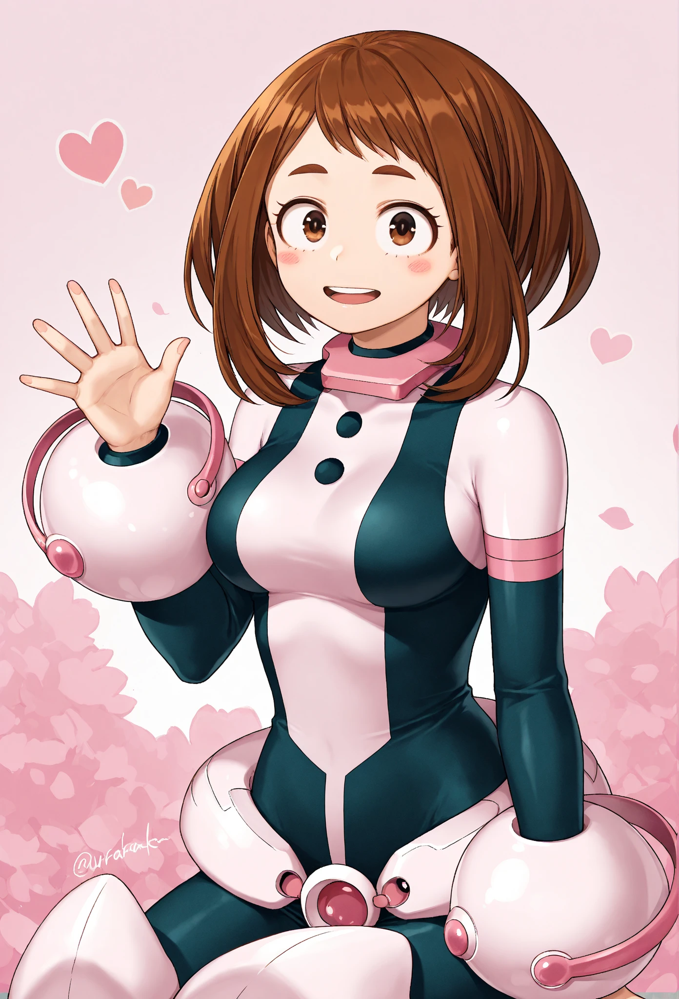 Ochako Uraraka, brown eyes, brown hair, short hair, blush, blush stickers,bodysuit, skin tight, superhero,、ahegao、smile、Ultra-detailed illustrations、Ultra-precise expression、masterpiece、Highest quality、ultra High resolution、High resolution、Hiromitsu Takeda Style、White background、Simple Background、whole body、One girl、solo、White Breath、Sweat、Glowing Skin、shiny skin、Front angle、View your viewers、stand、Big Breasts、Heart Accessories、