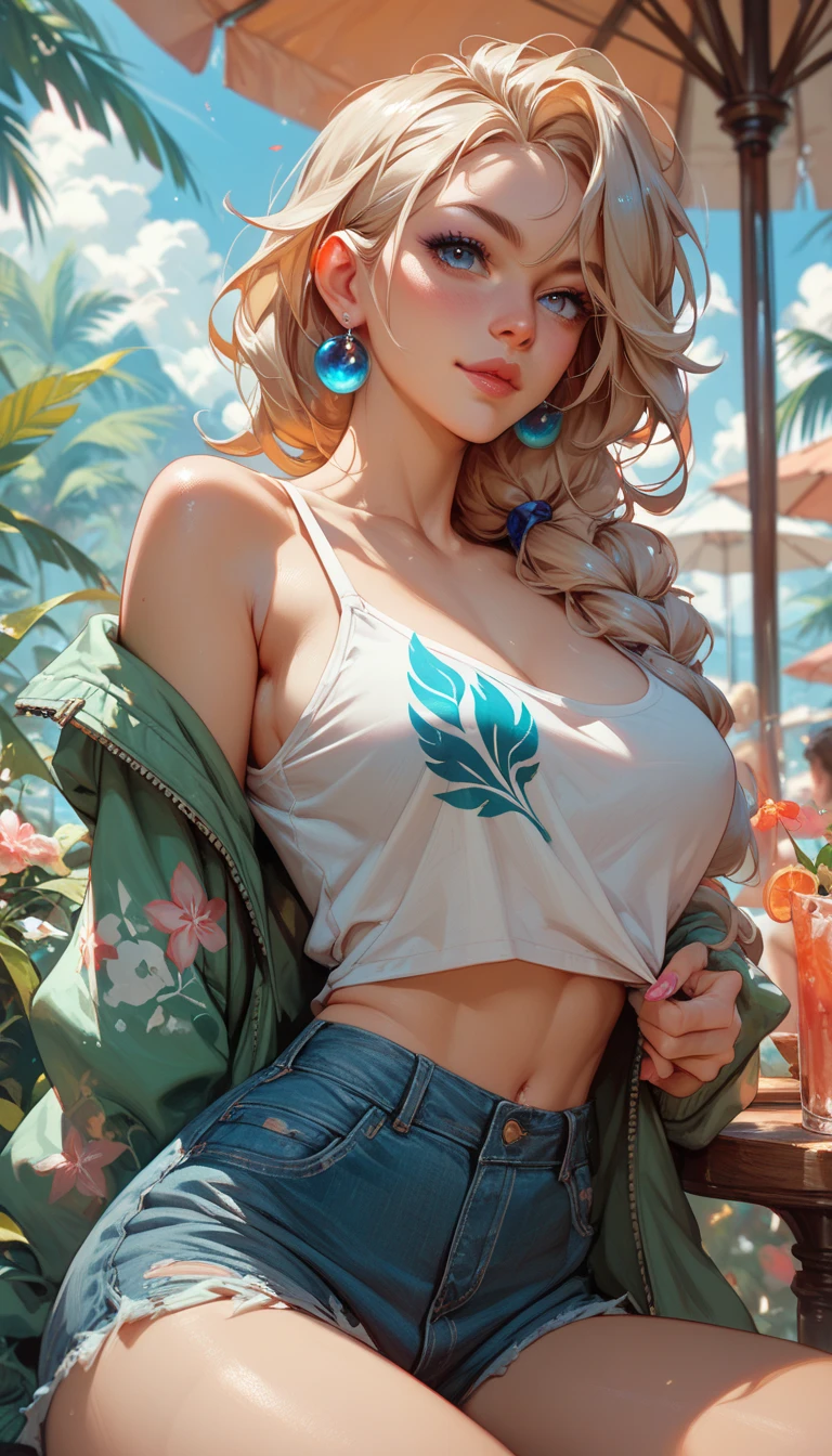 realistic, 1 women, best quality, 12k, HD, long hair, big round breasts, cleavage, ponytail, necklace, jewelry, shorts, short jacket, slim hips, hair tie, yellow eyes, black hair, super detailed, Eye details, hair details, person details, mouth details, face details, breast details, clothes details, hair details, pants details, hand details, whole body
