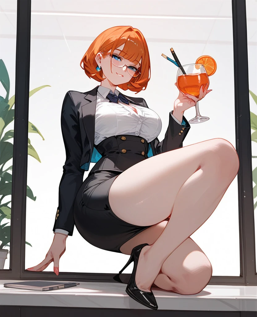pale woman, ginger hair in a bun, glasses, tight black blazer, black pencil skirt, barefoot, small feet, 5 toes on each foot, nail polish, thick thighs, large thighs, wide hips, strict teacher, full body shown including feet, toes in someone’s mouth