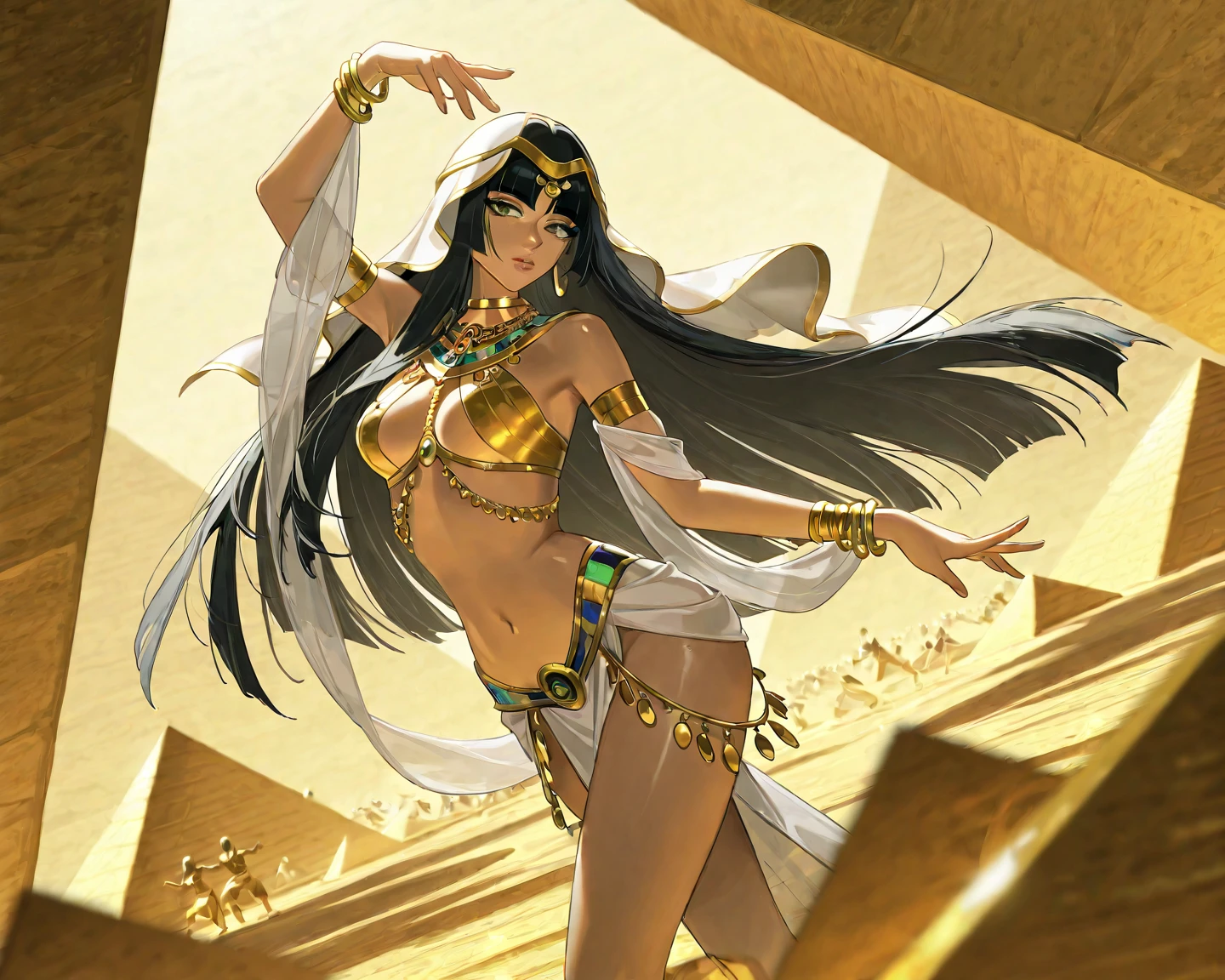 Black-haired, dark-skinned, flat-chested girl，gold necklace，white egyptian clothing，cleavage，Bare waist，Bare Legs，sandals，desert，Standing，pyramid，sphinx