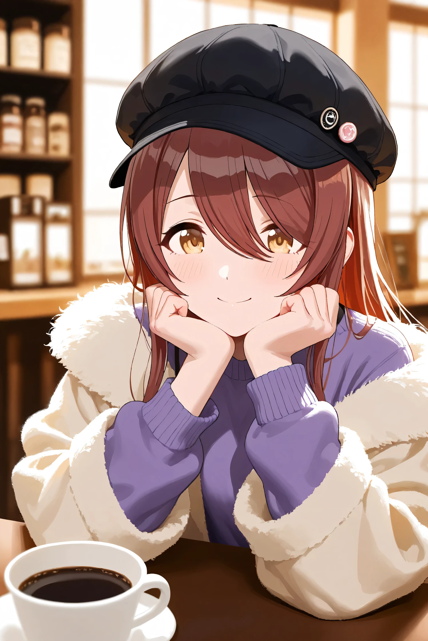 (Masterpiece), (Highest quality), (Very detailed),
(The best shape), (Best Shadow), (Absurd),
(Detailed background), (So beautiful), Shiny ,
Extraordinary, Countershading, 8k, 32K, High resolution, Beautiful eyes in every detail,
Very Detailed CG, UHD,
Score_9, Score_8_up, Score_7_up, Source_anime,
(Pastel painting:1.2), (Watercolor painting:1.2),
(Masterpiece, Detailed:1.2), (Foreshortening:1.2),
Cinematic, Dramatic, (Depth of field:1.4),
(Blurry background:1.4), (Realistic background:1.4),
(Foreshortening:1.3),Dynamic angle, 1 girl,
indoor, coffee shop, Antique coffee shop,
Cinematic Light,
Osaki tenka,
the idolmaster shiny colors,
tenkaosaki,
red hair, brown hair, yellow eyes,
(casual wear:1.3),
Work cap, Black cap,
Fur coat, Khaki coat
Sweater, Purple sweater, Sweater sleeves,
Portrait, Focus on face,
(Blush:1.3), Happy, smile,
sitting, face rest,
Realistic skin, Shiny skin,