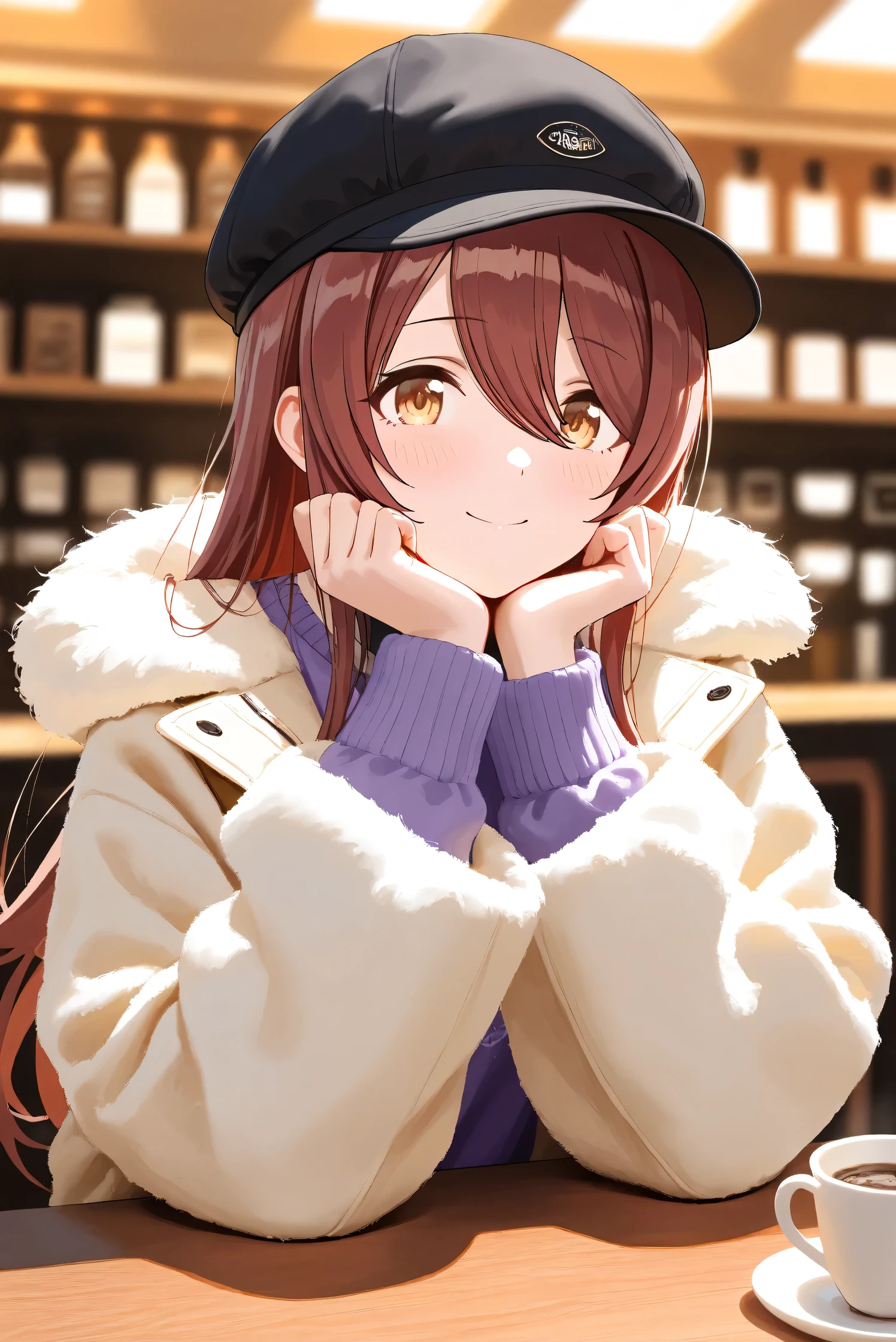 (Masterpiece), (Highest quality), (Very detailed), 
(The best shape), (Best Shadow), (Absurd), 
(Detailed background), (So beautiful), Shiny , 
Extraordinary, Countershading, 8k, 32K, High resolution, Beautiful eyes in every detail,
Very Detailed CG, UHD,

Score_9, Score_8_up, Score_7_up, Source_anime, 
(Pastel painting:1.2), (Watercolor painting:1.2),
(Masterpiece, Detailed:1.2), (Foreshortening:1.2),

Cinematic, Dramatic, (Depth of field:1.4),
(Blurry background:1.4), (Realistic background:1.4),
(Foreshortening:1.3),Dynamic angle, 1 girl,
indoor, coffee shop, Antique coffee shop,
Cinematic Light,

Osaki tenka,
the idolmaster shiny colors,
tenkaosaki,
red hair, brown hair, yellow eyes,

(casual wear:1.3),
Work cap, Black cap, 
Fur coat, Khaki coat
Sweater, Purple sweater, Sweater sleeves,

Portrait, Focus on face,
(Blush:1.3), Happy, smile,
sitting, face rest,
Realistic skin, Shiny skin,