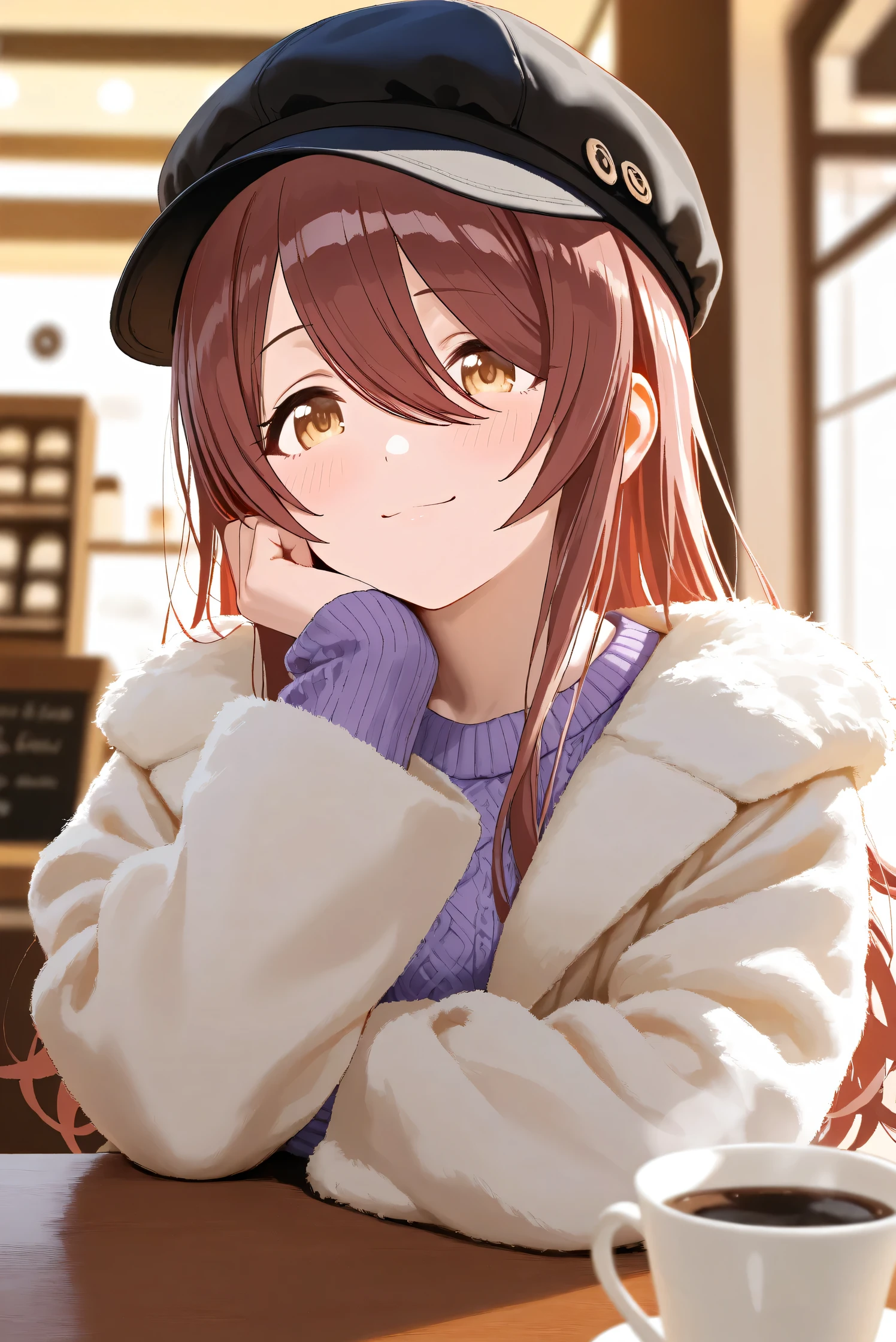 (Masterpiece), (Highest quality), (Very detailed),
(The best shape), (Best Shadow), (Absurd),
(Detailed background), (So beautiful), Shiny ,
Extraordinary, Countershading, 8k, 32K, High resolution, Beautiful eyes in every detail,
Very Detailed CG, UHD,
Score_9, Score_8_up, Score_7_up, Source_anime,
(Pastel painting:1.2), (Watercolor painting:1.2),
(Masterpiece, Detailed:1.2), (Foreshortening:1.2),
Cinematic, Dramatic, (Depth of field:1.4),
(Blurry background:1.4), (Realistic background:1.4),
(Foreshortening:1.3),Dynamic angle, 1 girl,
indoor, coffee shop, Antique coffee shop,
Cinematic Light,
Osaki tenka,
the idolmaster shiny colors,
tenkaosaki,
red hair, brown hair, yellow eyes,
(casual wear:1.3),
Work cap, Black cap,
Fur coat, Khaki coat
Sweater, Purple sweater, Sweater sleeves,
Portrait, Focus on face,
(Blush:1.3), Happy, smile,
sitting, face rest,
Realistic skin, Shiny skin,