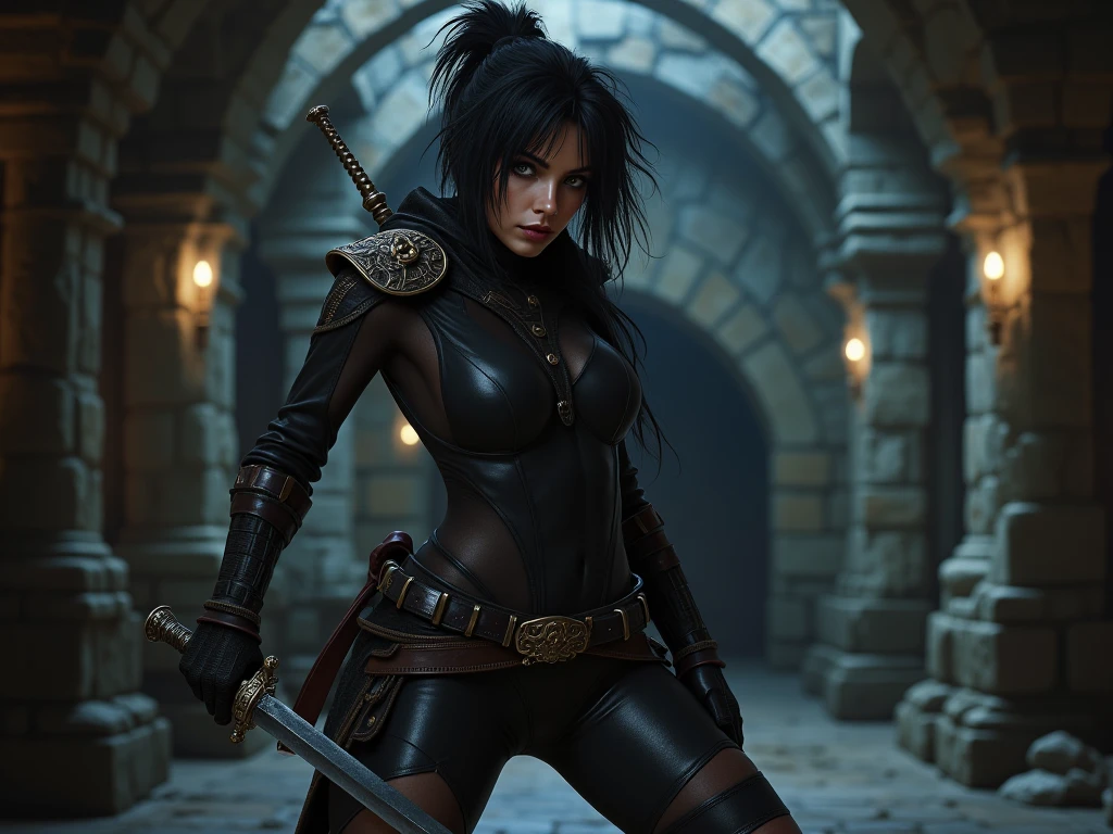 (((Solo character image.))) (((Generate a single character image.))) (((Dressed in medieval fantasy attire.))) (((Dressed in medieval fantasy attire.))) Dressed in medieval fantasy attire. Fabulous white hair. Looks like Louisa Khovanski. Create a captivating and enigmatic female warrior reminiscent of powerful and legendary characters 18 years old. 18yo. This is a fantasy character portrait. (((She looks amazing.))) Design a dangerous and sleek female mercenary for a fantasy setting. This is a ruthless mercenary who is dark and sneaky. She looks like a femme fatale in leather clothes. The clothes are black and she has a darkly attractive appearance. (((The colors in the image are dark and muted.))) Her hair is long and white and in an exotic style. She is powerful, dangerous and a slender and sleek figure in a dark fantasy setting. Alluring appearance. Exotic beauty. She wears form-fitting armor, gorgeous face, Dungeons & Dragons character portrait, intricate details, ultra detailed, very intense appearance, ultra detailed clothes, epic masterpiece, ultra detailed, intricate details, award winning