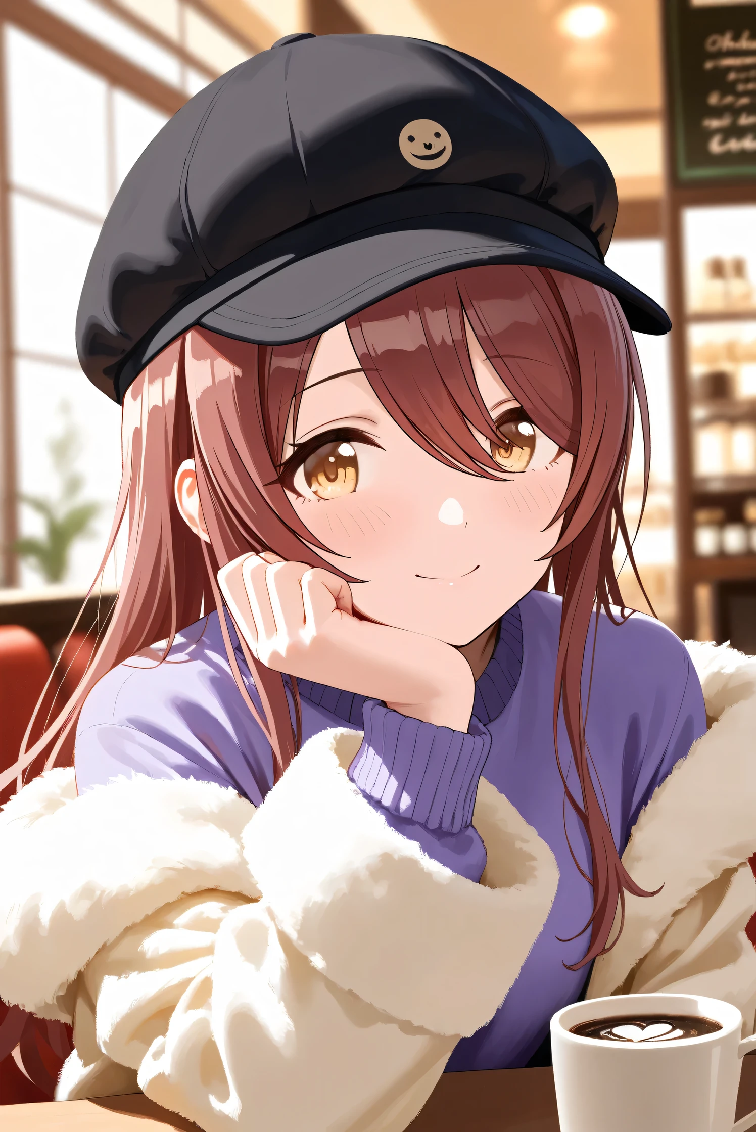(Masterpiece), (Highest quality), (Very detailed),
(The best shape), (Best Shadow), (Absurd),
(Detailed background), (So beautiful), Shiny ,
Extraordinary, Countershading, 8k, 32K, High resolution, Beautiful eyes in every detail,
Very Detailed CG, UHD,
Score_9, Score_8_up, Score_7_up, Source_anime,
(Pastel painting:1.2), (Watercolor painting:1.2),
(Masterpiece, Detailed:1.2), (Foreshortening:1.2),
Cinematic, Dramatic, (Depth of field:1.4),
(Blurry background:1.4), (Realistic background:1.4),
(Foreshortening:1.3),Dynamic angle, 1 girl,
indoor, coffee shop, Antique coffee shop,
Cinematic Light,
Osaki tenka,
the idolmaster shiny colors,
tenkaosaki,
red hair, brown hair, yellow eyes,
(casual wear:1.3),
Work cap, Black cap,
Fur coat, Khaki coat
Sweater, Purple sweater, Sweater sleeves,
Portrait, Focus on face,
(Blush:1.3), Happy, smile,
sitting, face rest,
Realistic skin, Shiny skin,