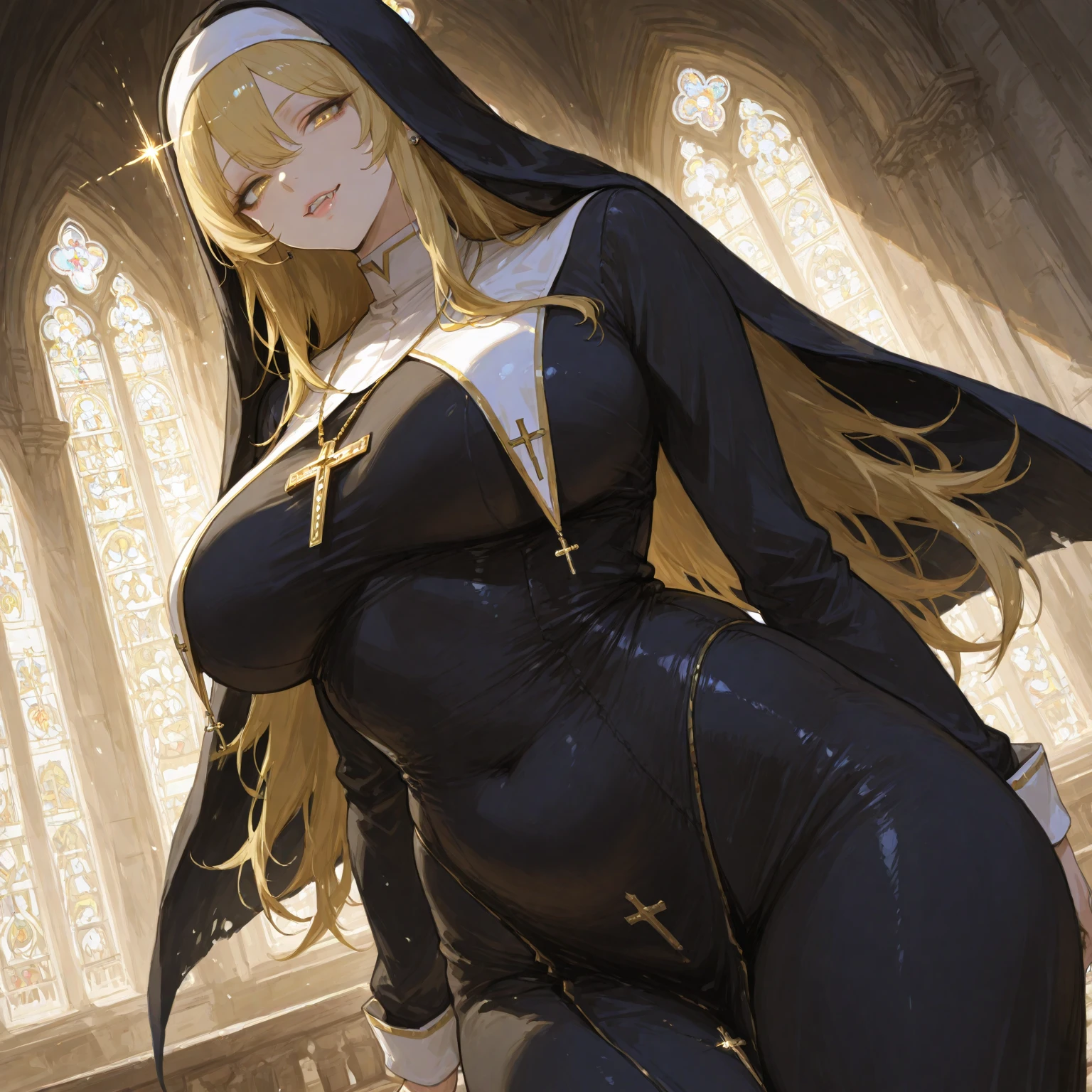 Sarvente,tall,nun,nun's clothes,huge bust,huge hips,interior of the church,good cutout on the clothes at chest level,medium:oil painting,extremely detailed face,beautiful detailed eyes, beautiful detailed lips,long eyelashes,serene expression,soft lighting,colorful stained glass windows,ornate architecture,religious symbols,carved wooden pews,sunlight streaming through the windows,peaceful atmosphere,vivid colors