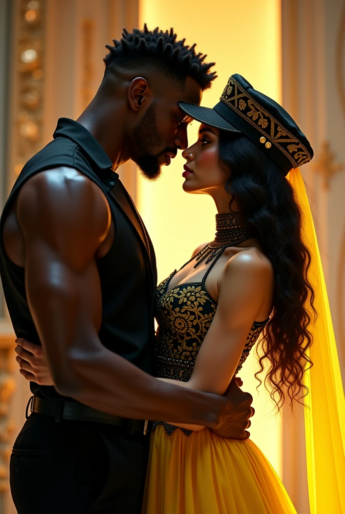 Je veux que tu me fasses une couverture pour un roman Fantasy romance, ces deux personnages sont noirs de peau, dark skin, ils sont des ennemis, ils veulent s'entretuer, surtout lui, elle, she mainly defends herself but her goal is to save him at all costs too. Le garçon est dark skin, with curly mid-length hair, the girl has long curly hair. They are very beautiful.