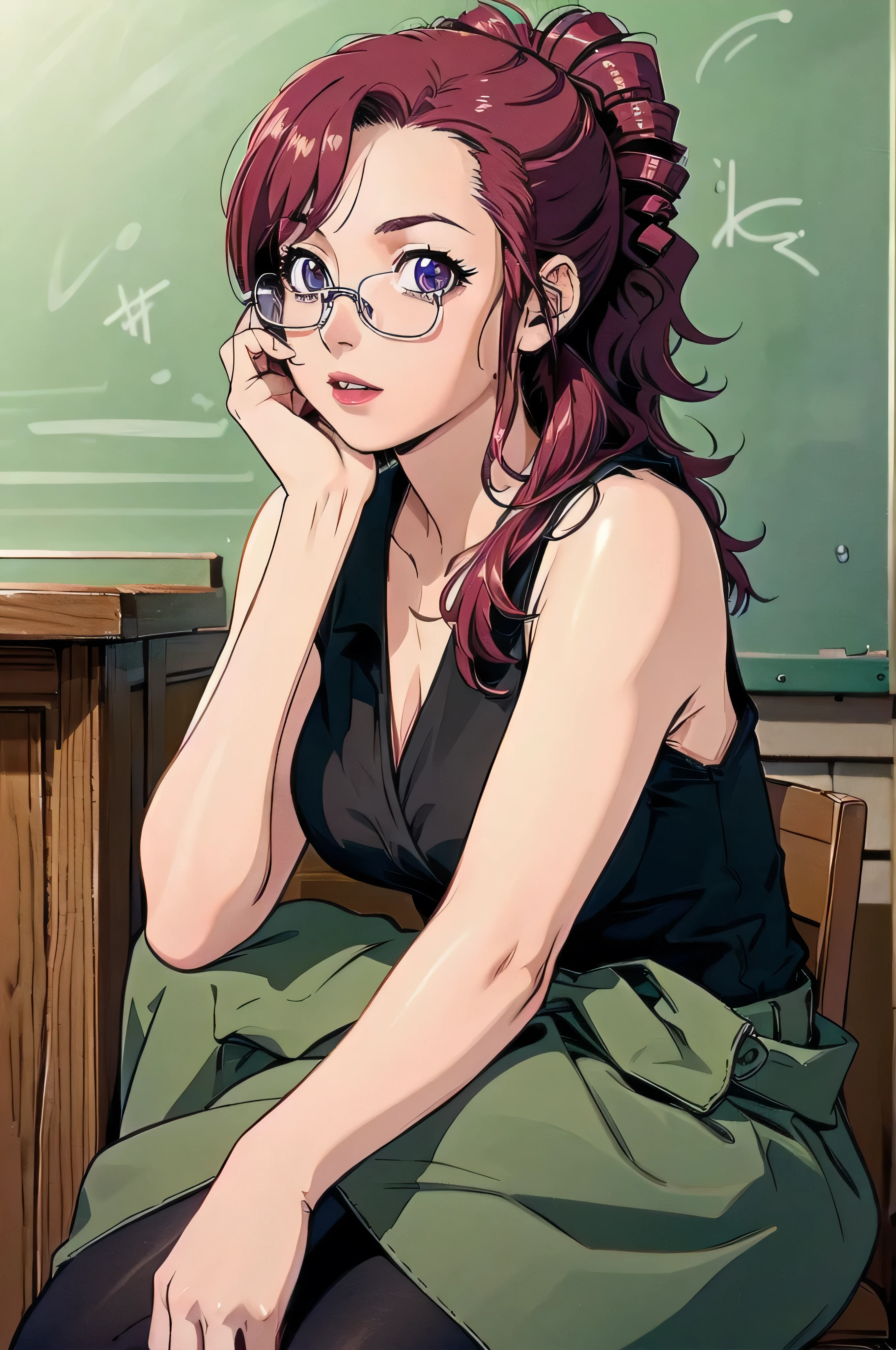 MIZUHO KAZAMI, (stylized by Robert Crumb: 1.0), TEACHER, CHALKBOARD, SHIRT, PURPLE EYES, GLASSES, SLEEVELESS, HEAD REST, RED HAIR, DRILL HAIR, SLEEVELESS SHIRT, SIDELOCKS, BARE SHOULDERS, LONG HAIR, PONYTAIL, MATURE FEMALE, 1girl, solo, full body, facing viewer, looking at viewer, 
