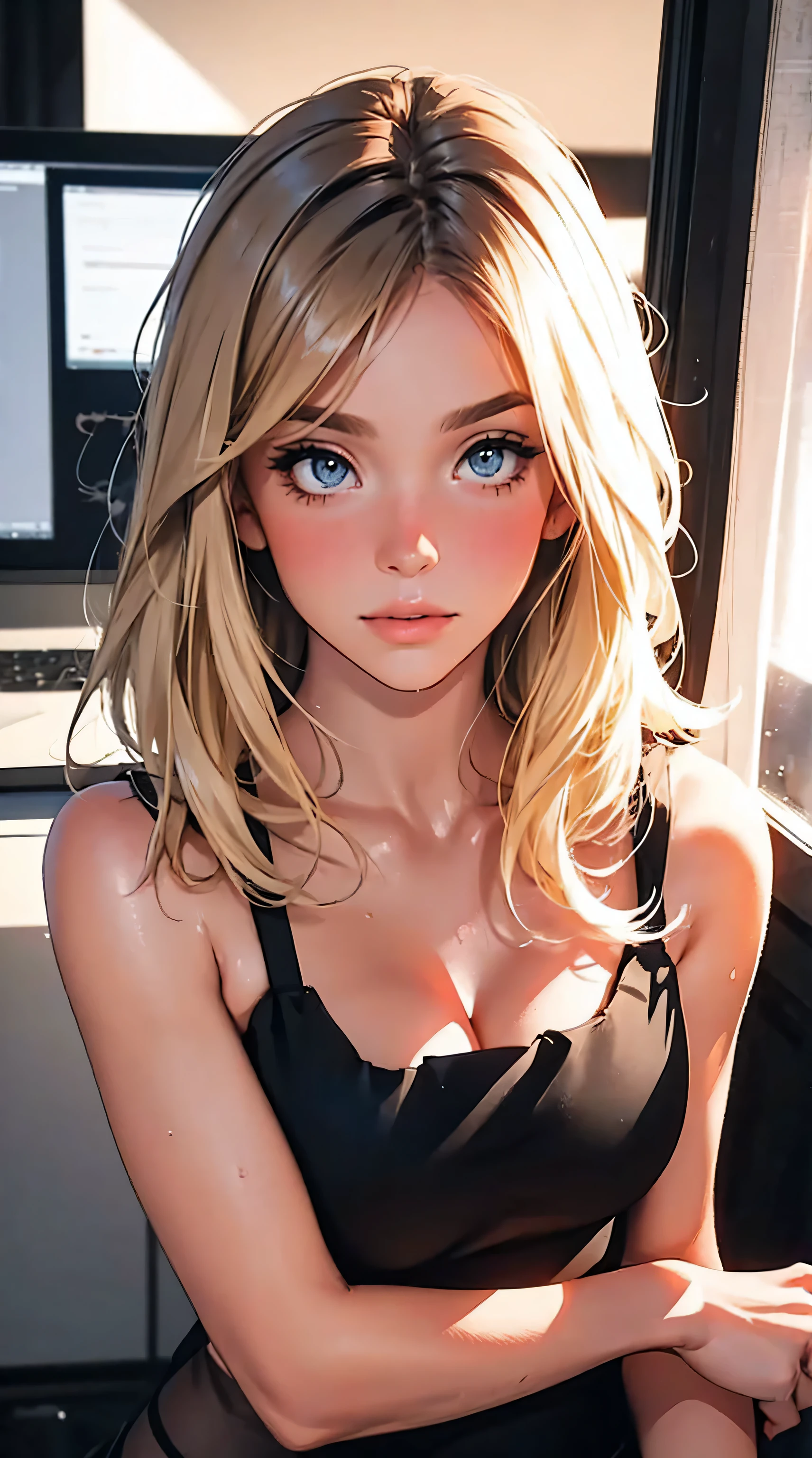 1 girl, Natural photography of a beautiful girl, , blush, medium hair, (masterpiece) (best quality) (detailed) (8k) photorealistic, photography, path tracing, specular lighting, volumetric face light, path traced hair, visible shadows, intricate, elaborate, oiled , cleavage, wet skin, flirty, , blush, dark eyeliner, r, strap gap, cocky pose, blonde, (e-girl, dark makeup, thot), (office cat)
