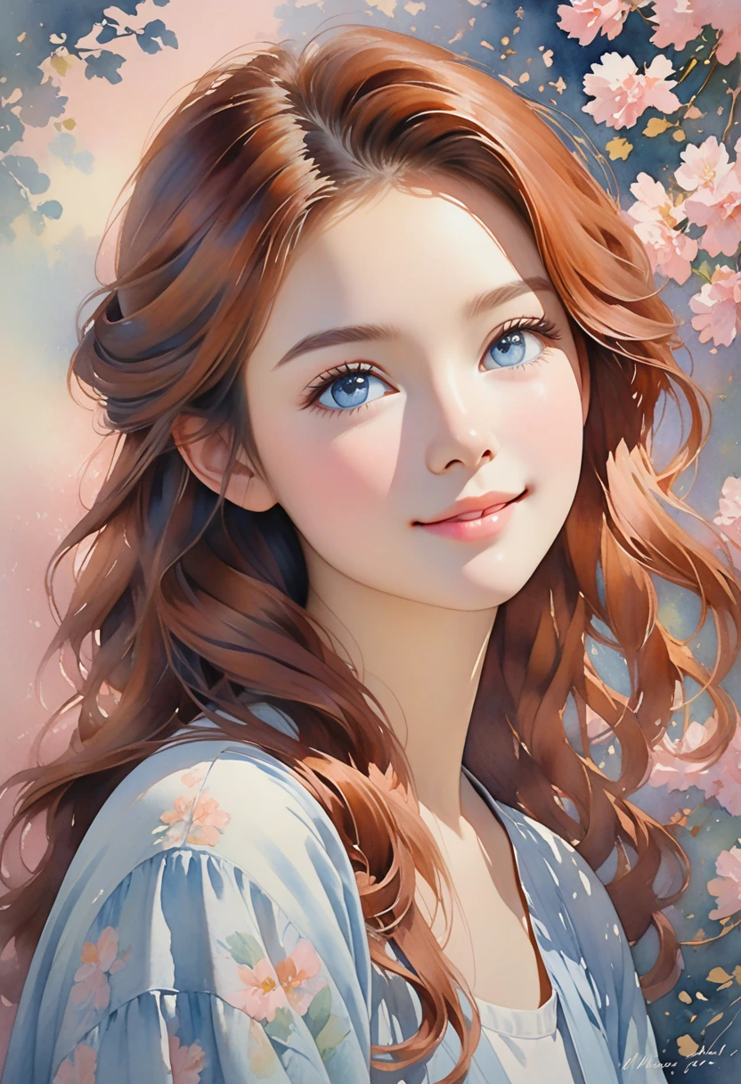 Anna Semenovich, Ana De Armas, natural skin, translucent skin, Arcade core Portrait, elegant, smile, redhead ginger curly hairs, gold dreamlike, big beutiful eyes, Alphonse Mucha dynamic lighting trending on artstation, 8k, sharp focus, art illustration by Miho Hirano