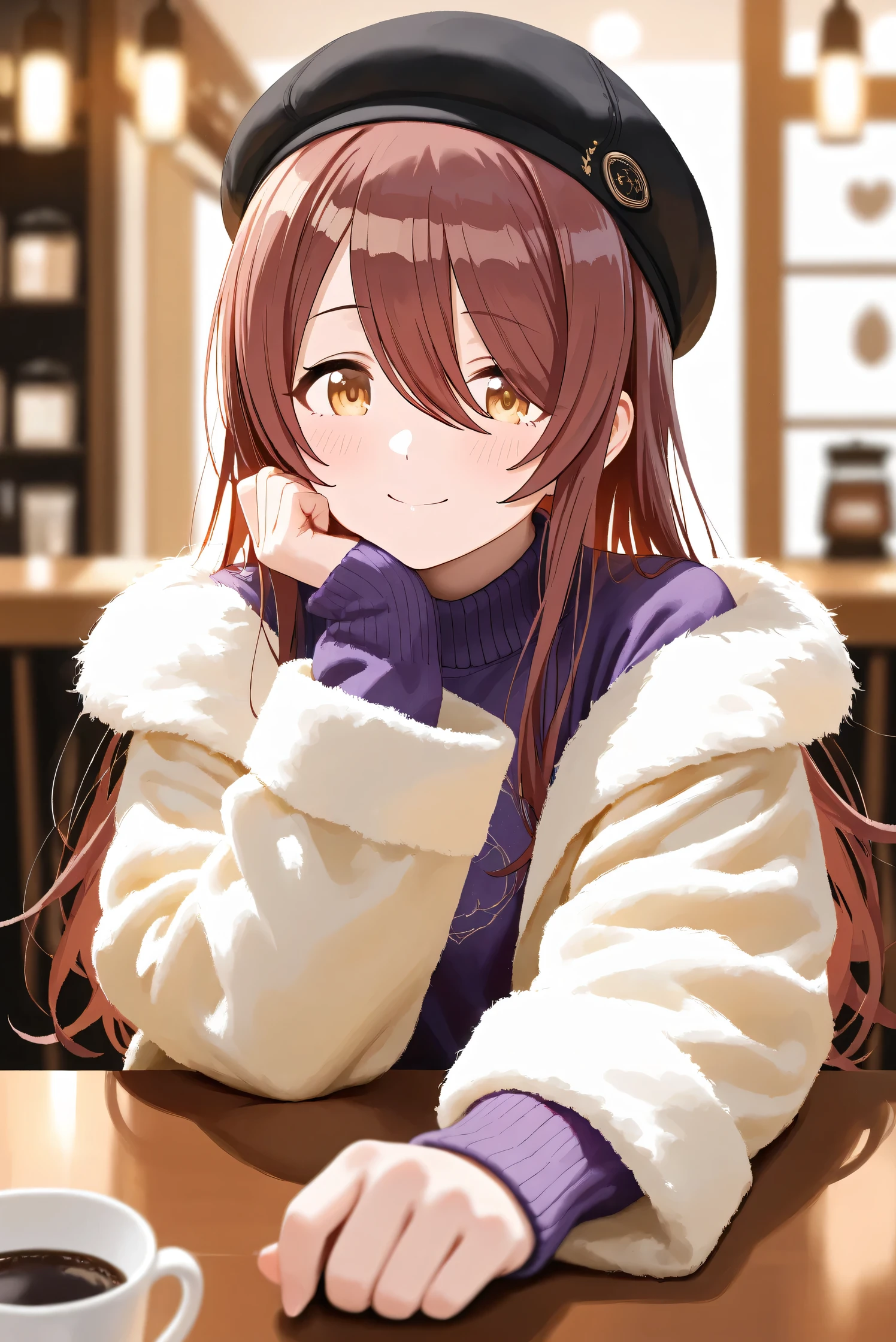 (Masterpiece), (Highest quality), (Very detailed), 
(The best shape), (Best Shadow), (Absurd), 
(Detailed background), (So beautiful), Shiny , 
Extraordinary, Countershading, 8k, 32K, High resolution, Beautiful eyes in every detail,
Very Detailed CG, UHD,

Score_9, Score_8_up, Score_7_up, Source_anime, 
(Pastel painting:1.2), (Watercolor painting:1.2),
(Masterpiece, Detailed:1.2), (Foreshortening:1.2),

Cinematic, Dramatic, (Depth of field:1.4),
(Blurry background:1.4), (Realistic background:1.4),
(Foreshortening:1.3),Dynamic angle, 1 girl,
indoor, coffee shop, Antique coffee shop,
Cinematic Light,

Osaki tenka,
the idolmaster shiny colors,
tenkaosaki,
red hair, brown hair, yellow eyes,

(casual wear:1.3),
Work cap, Black cap, 
Fur coat, Khaki coat
Sweater, Purple sweater, Sweater sleeves,

Portrait, Focus on face,
(Blush:1.3), Happy, smile,
sitting, face rest,
Realistic skin, Shiny skin,