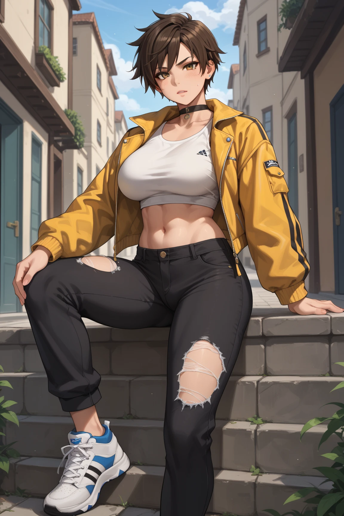 perfect anatomy girl muscular girl toned body girl large breasts girl thick girl angry girl best quality girl black hair girl yellow eyes girl pale girl pale girl,linda mulher morena, musculosa , usando short legging withe, meia calça preta, cabelo curto, belos olhos, olhos lindos, amarelos, camisa branca, jaqueta de couro preta, shorts, short legging white, cidade beco escuro pantyhose black
