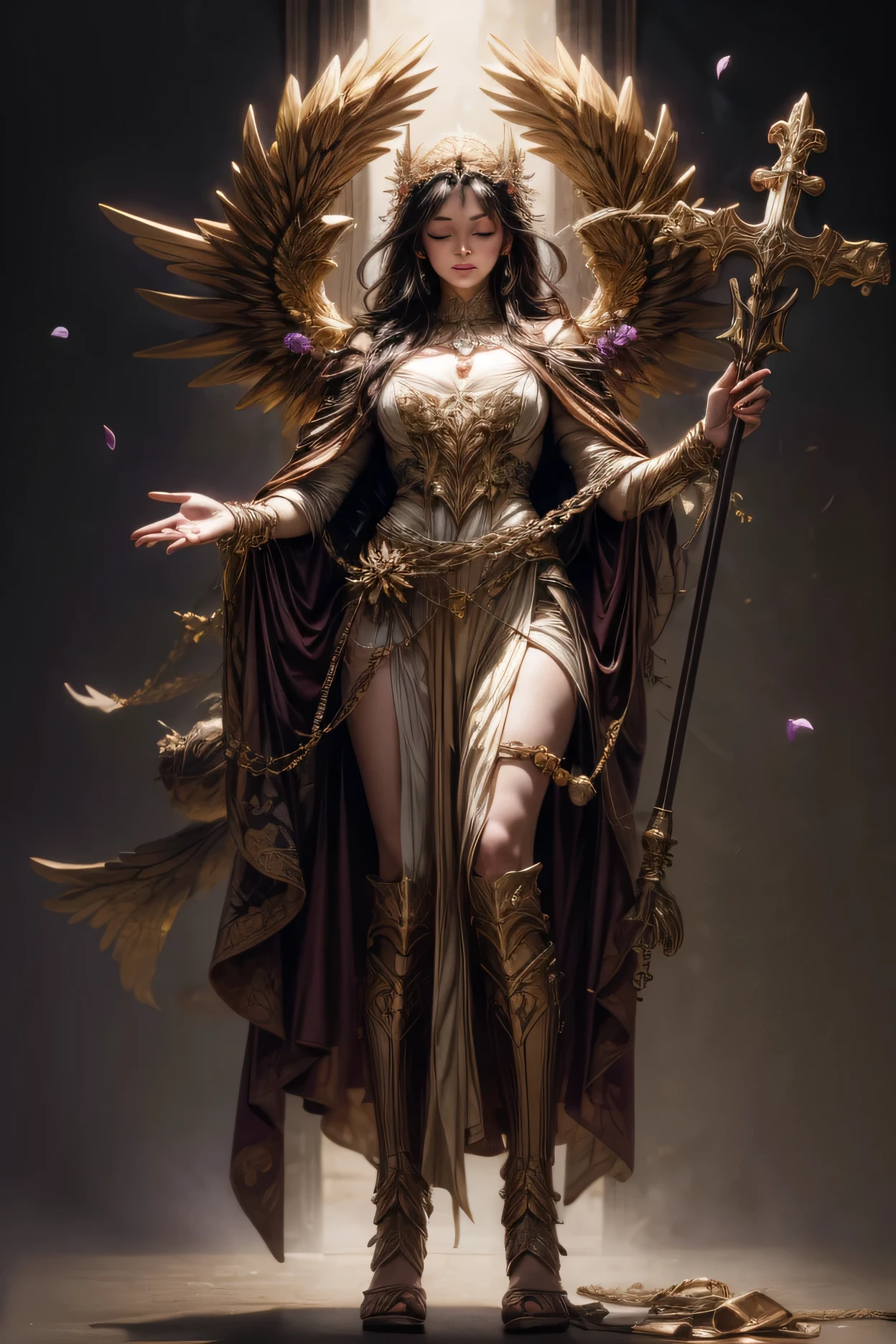 Hyperrealistic image of the Archangel of Justice and Transformation, with no definite gender , dark hair, arms raised extended to the sky, in one of them must have a long cross-shaped staff. must wear an organic and vegetable tunic formed by a giant leaf and large violet flower petals And on his chest he wears a beautiful gold and amethyst brooch in the shape of a butterfly. The image must be naturalistic style, with many floral details. replaces his legs and feet with an exotic and giant pendular violet flower. The background is black. seen in the foreground of a full body. closed eyes and a beautiful face looking up. the image must have a vertical design