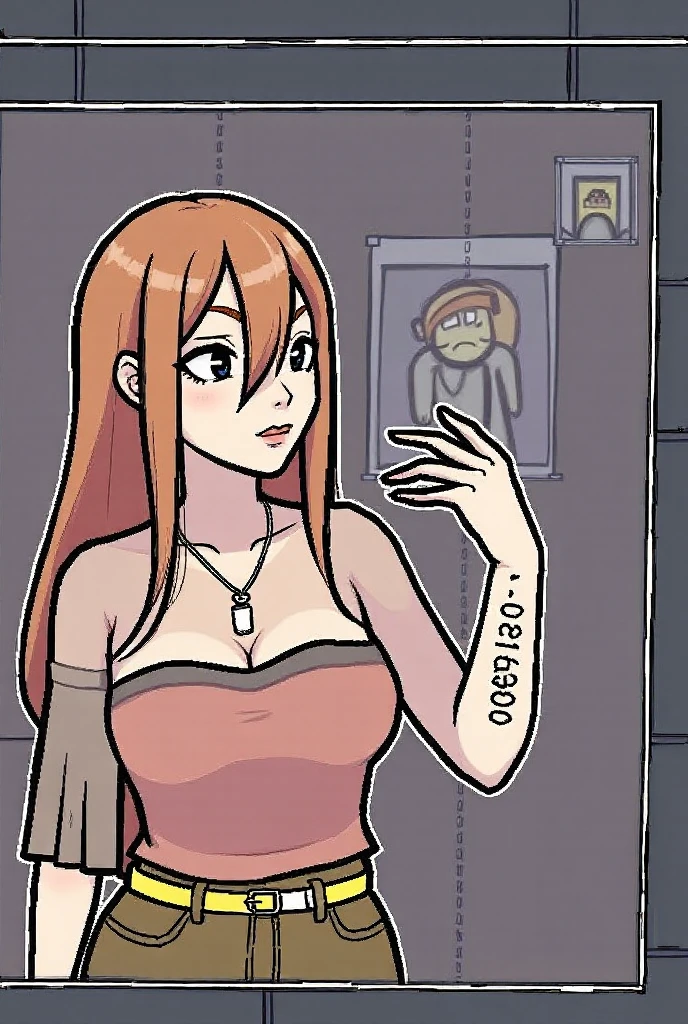 ((Masterpiece)), ((best quality)), very detailed, Detailed background, 1 woman, wavy brown hair, conjunctivitis, sly face , smile , nude , abdomen, big breasts , stand on your hips , thigh , abandoned factory, at night