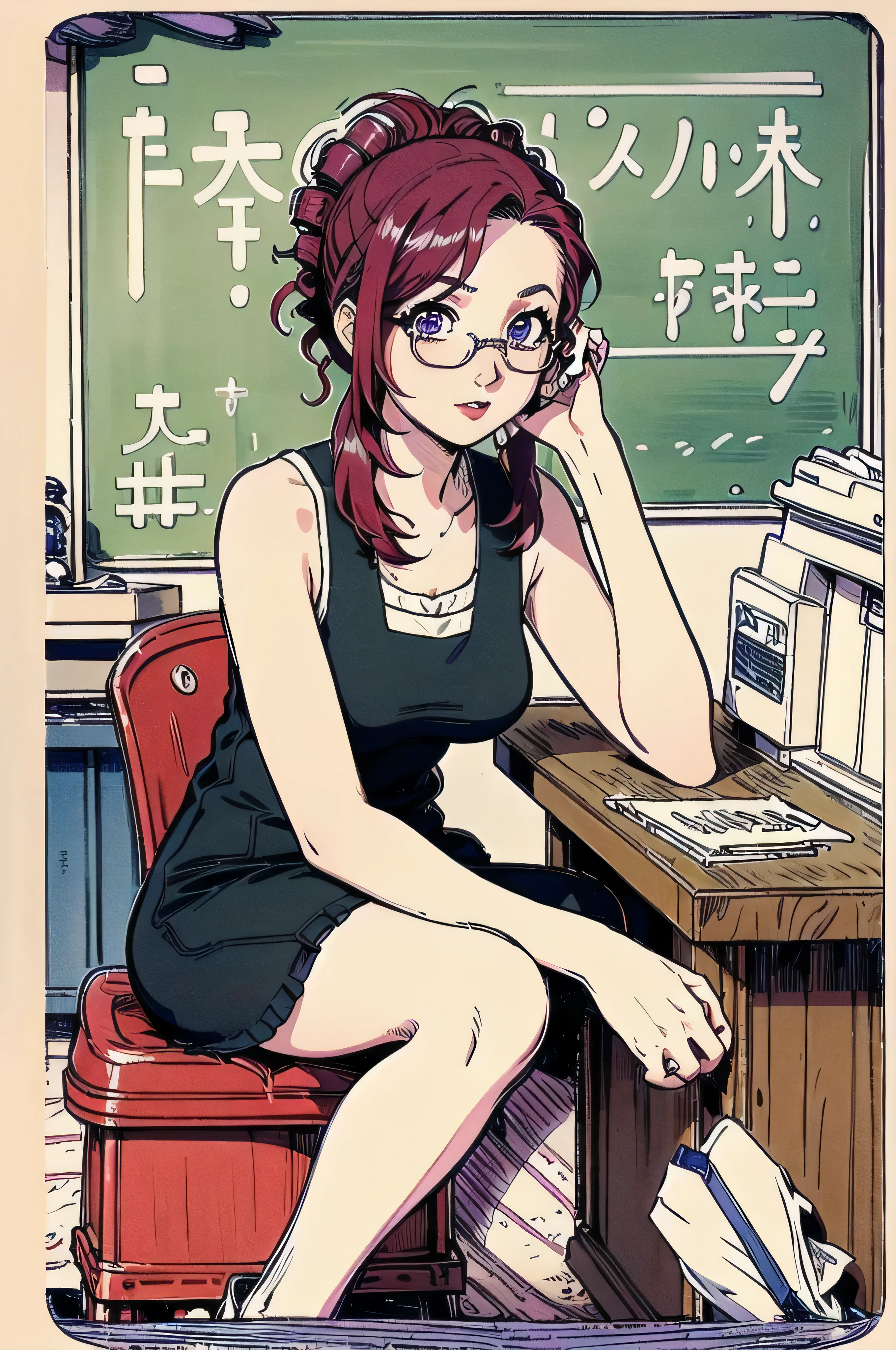 MIZUHO KAZAMI, (stylized by Robert Crumb: 1.5), TEACHER, CHALKBOARD, SHIRT, PURPLE EYES, GLASSES, SLEEVELESS, HEAD REST, RED HAIR, DRILL HAIR, SLEEVELESS SHIRT, SIDELOCKS, BARE SHOULDERS, LONG HAIR, PONYTAIL, MATURE FEMALE, 1girl, solo, full body, facing viewer, looking at viewer, 
