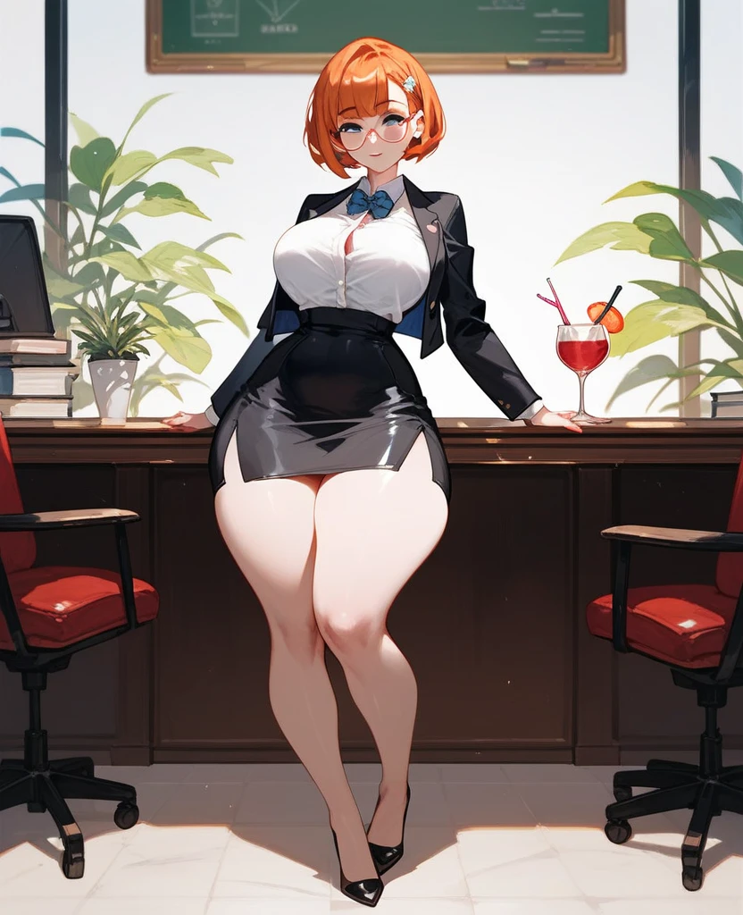pale adult woman, large breasts, very thick thighs, massive thighs, wide hips, short ginger hair in a sleek hairbun, glasses, tight black blazer, tight black pencil skirt, mid-thigh black pencil skirt hem, thick thighs pressed together, very thick legs, thick calves, wearing black high heels, bored expression, strict teacher, facing forward, she is standing, legs and feet in the photo, crossing arms under her chest, straight face, raised eyebrow, full body shown, voluptuous, detailed face, 8k quality, toes pointed inward, full body shown, staring, backside shot