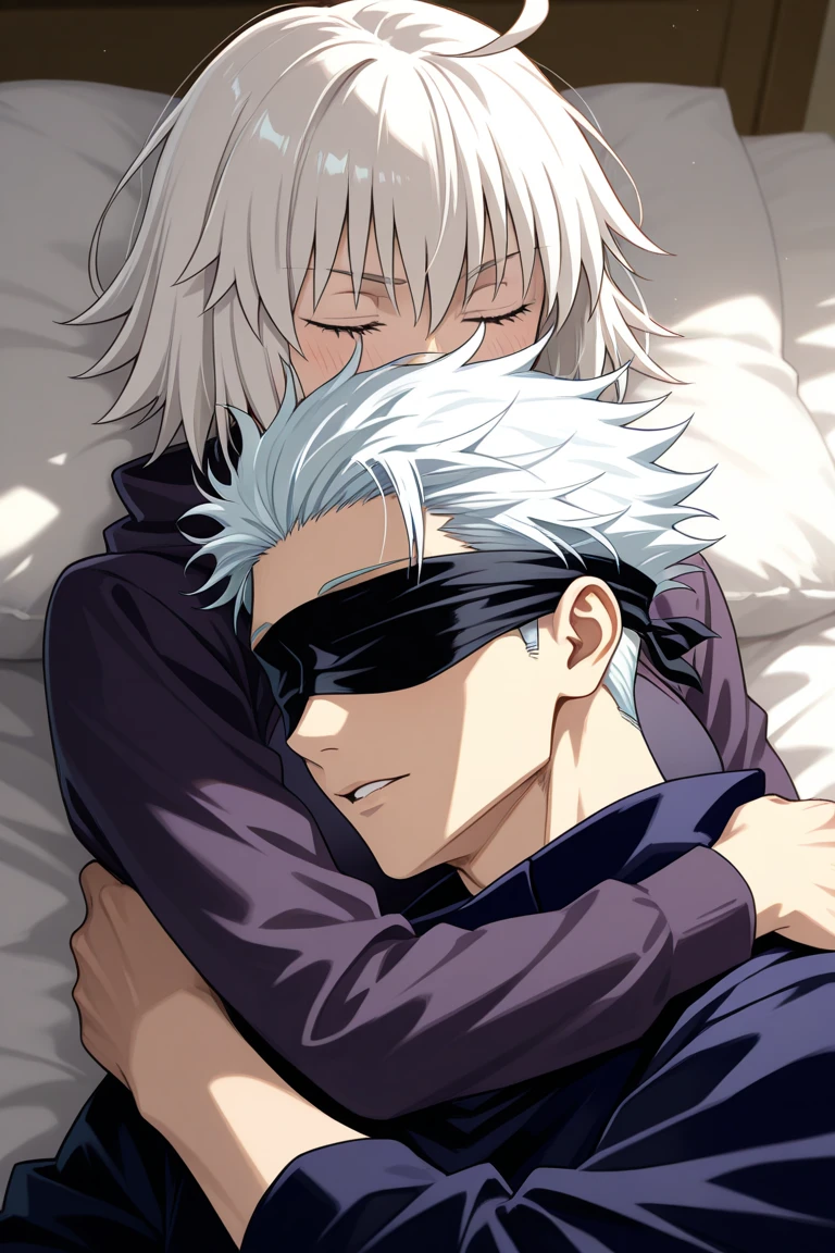 Gojo Satoru from Jujutsu Kaisen,spiky white hair, cocky smile and with his blindfold around his eyes , with spiky white hair, blindfolded eyes and cocky smile, lying on a bed half naked 