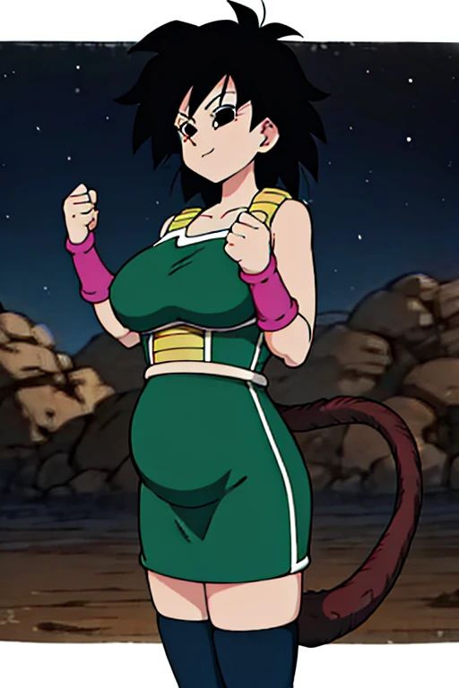 ethereal fantasy concept art of caulifla, black hair, full body, bikini dragon style ,smiling, large breasts, hidden hands . magnificent, celestial, ethereal, painterly, epic, majestic, magical, fantasy art, cover art, dreamy, belly fat, soft belly, slight abs, plump,