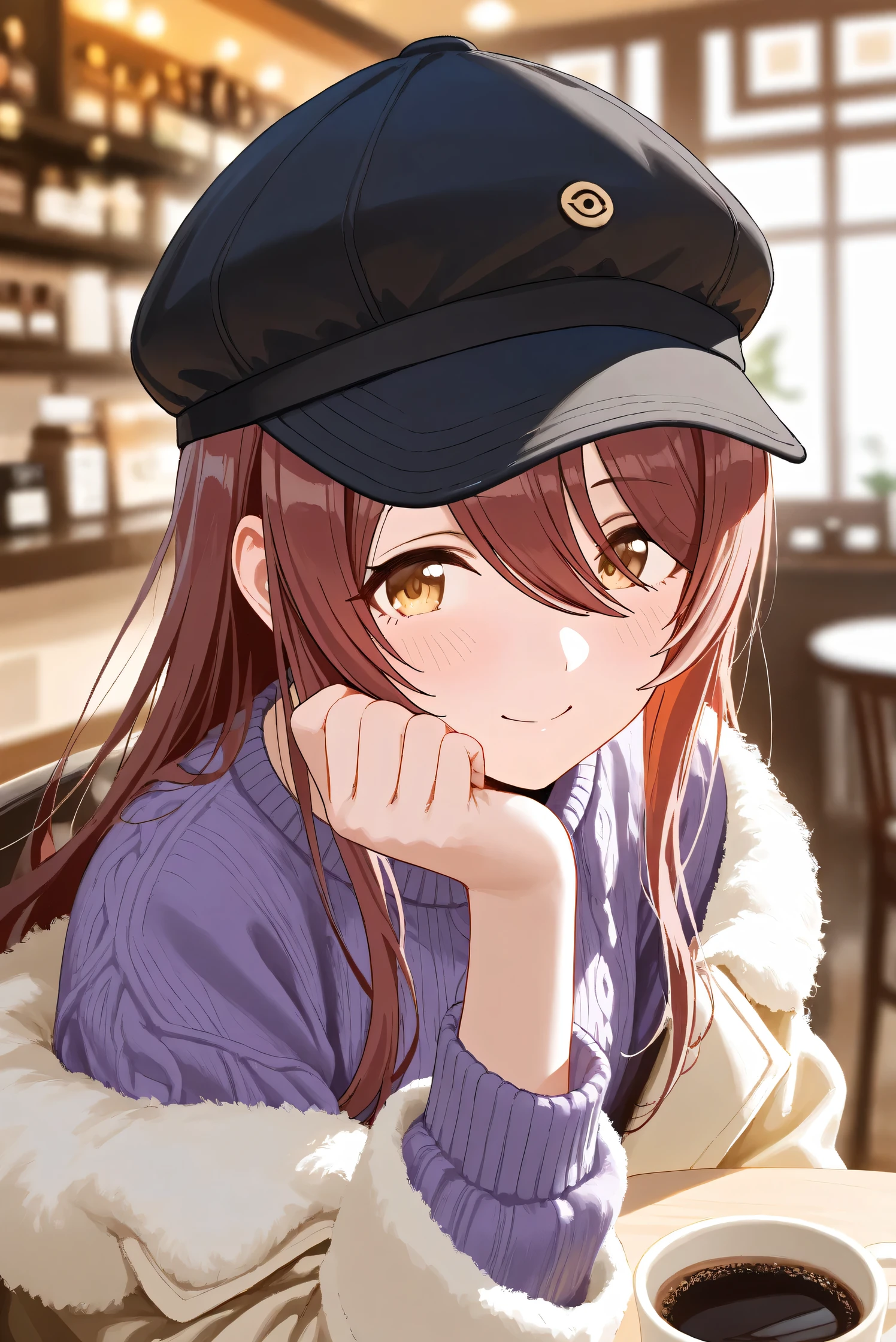 (Masterpiece), (Highest quality), (Very detailed), 
(The best shape), (Best Shadow), (Absurd), 
(Detailed background), (So beautiful), Shiny , 
Extraordinary, Countershading, 8k, 32K, High resolution, Beautiful eyes in every detail,
Very Detailed CG, UHD,

Score_9, Score_8_up, Score_7_up, Source_anime, 
(Pastel painting:1.2), (Watercolor painting:1.2),
(Masterpiece, Detailed:1.2), (Foreshortening:1.2),

Cinematic, Dramatic, (Depth of field:1.4),
(Blurry background:1.4), (Realistic background:1.4),
(Foreshortening:1.3),Dynamic angle, 1 girl, from side,
indoor, coffee shop, Antique coffee shop,
Cinematic Light,

Osaki tenka,
the idolmaster shiny colors,
tenkaosaki,
red hair, brown hair, yellow eyes,

(casual wear:1.3),
Work cap, Black cap, 
Fur coat, Khaki coat
Sweater, Purple sweater, Sweater sleeves,

Portrait, Focus on face,
(Blush:1.3), Happy, smile,
sitting,
Realistic skin, Shiny skin,