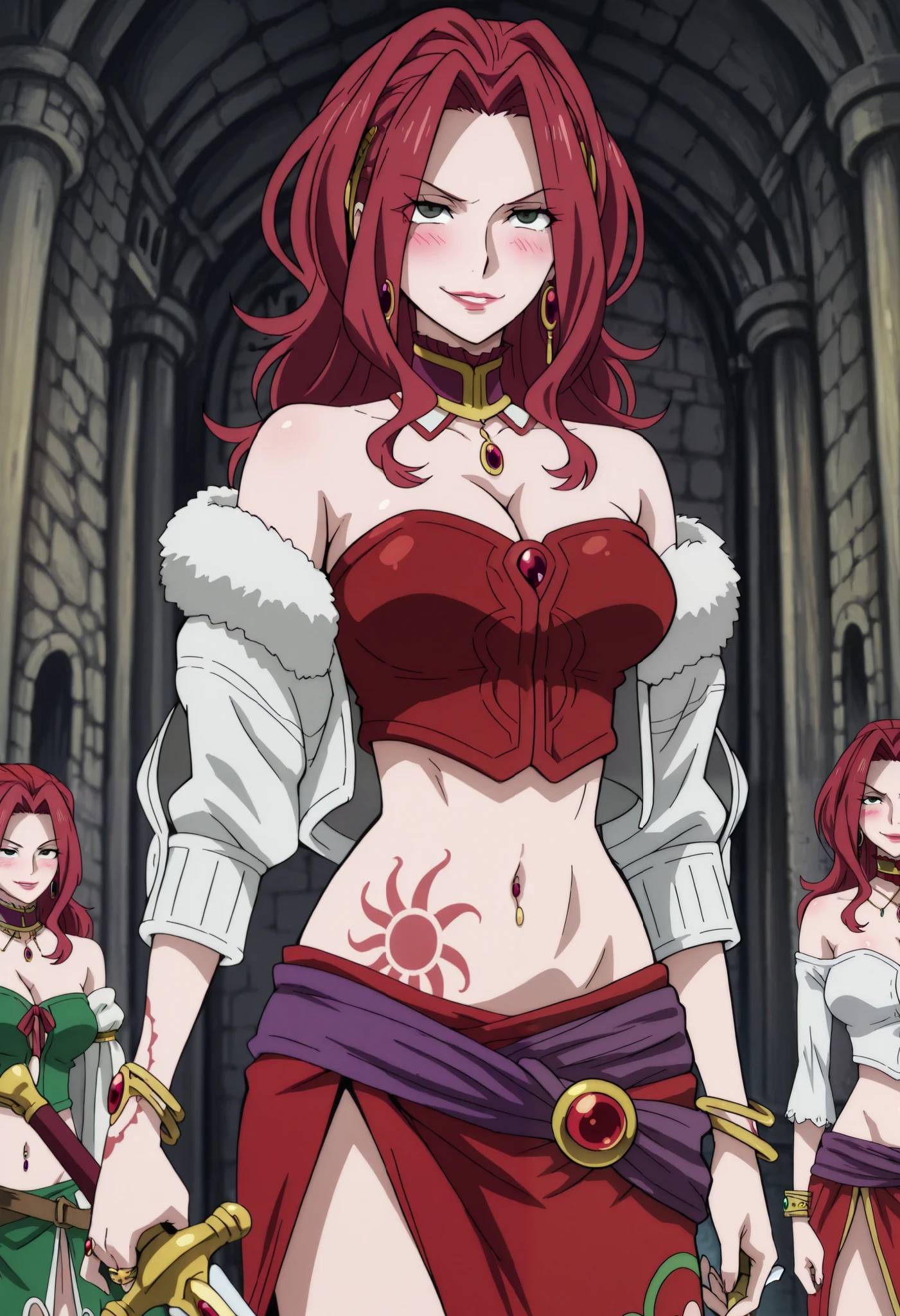 Malty Melromarc (The Rising of the Shiel) beautiful body,athletic body, beautiful breasts, bracelets,ring,braceletes,collar,tiara,visible private parts , ultra detailed image, anime image ,girl, anime malty, medium Breasts, excitement, red hair, green eyes , ear piercing, long hair, blush, lipstick,Hot girl, baddie, sensual, attractive ,jewelry, earrings, large breasts, long hair, black eyes,||1. yomamabhamazon, navel, crop top, red clothing, cleavage, long sleeve, side slit, bare shoulder, off shoulder, dragon tattoo, narrowed eyes, tattoo midriff , smirk, castle,inside castle, masterpiece,best quality,mature,evil smile ,necklace,pendant, (nsfw) not safe for work, exposed belly, exposed navel, midriff, exposed lower belly, ,cleavage, , fur trimmed corset,holding a sword, sword, cleavage, navel piercing